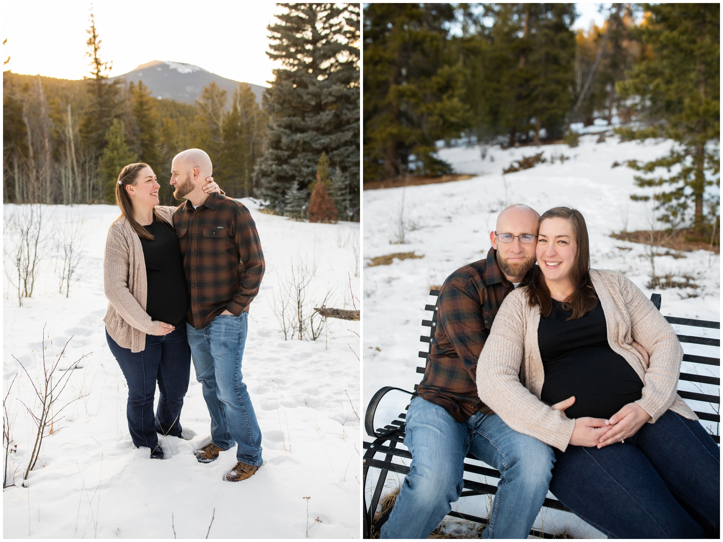 couple cuddling on bench in the snow during winter maternity photography session in Evergreen Colorado 