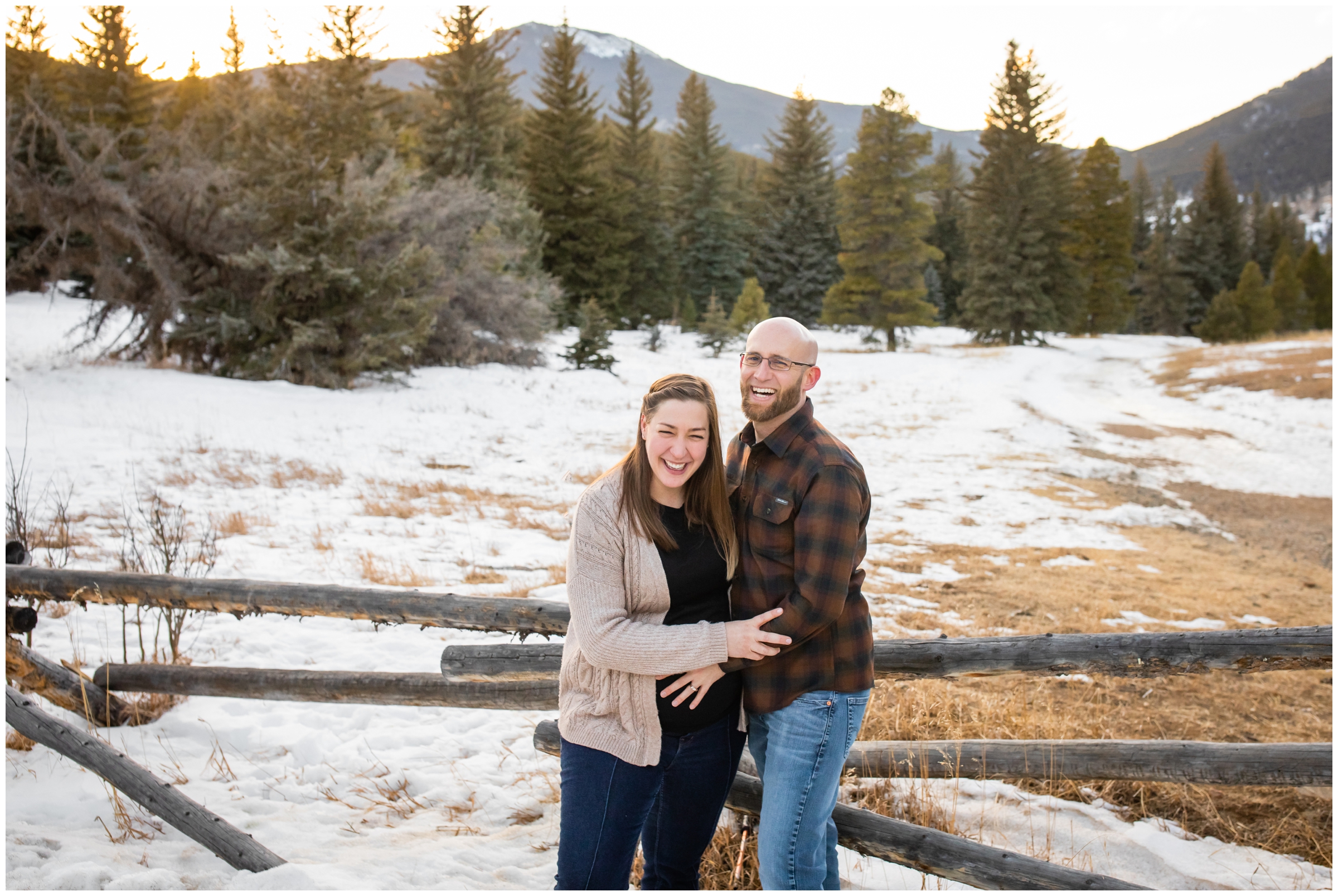 snowy maternity photo session at Frosberg Park in Evergreen Colorado 