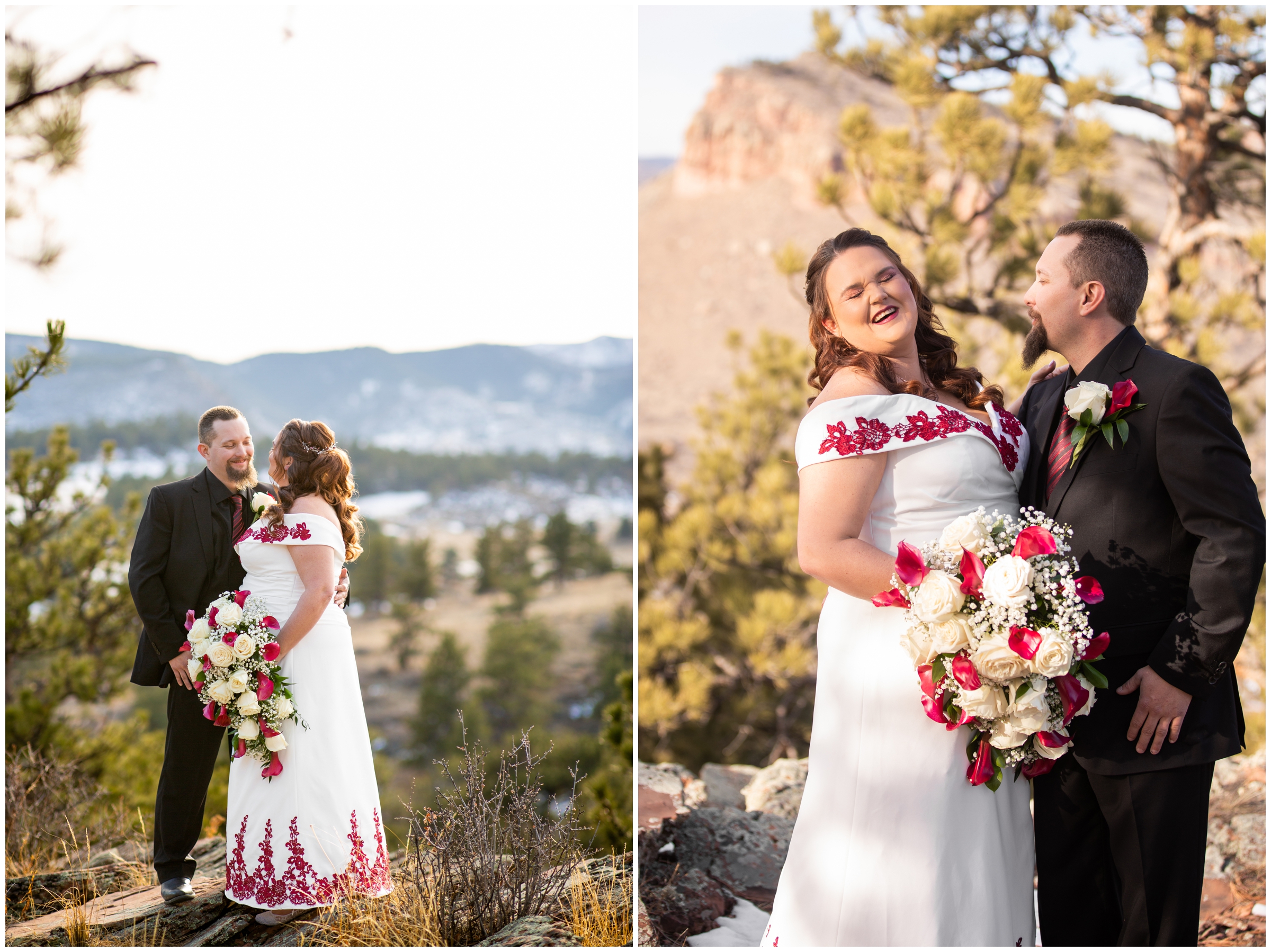 couple posing on mountaintop during winter wedding portraits in Lyons Colorado 