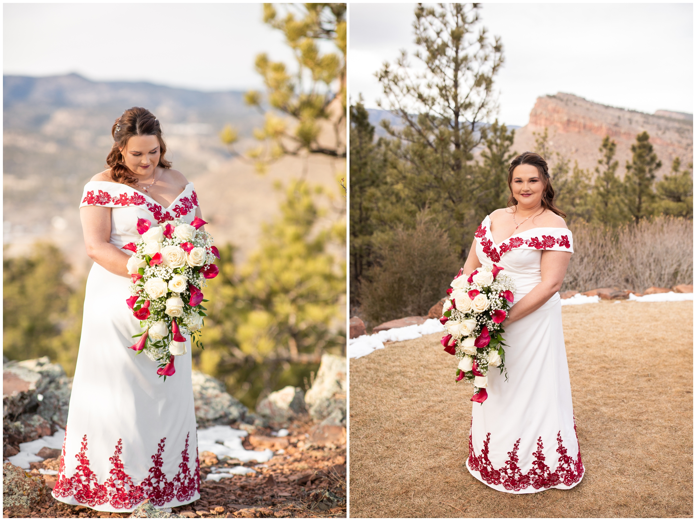 Colorado mountain bride in white and red dress posing for Lionscrest Manor winter wedding pictures 