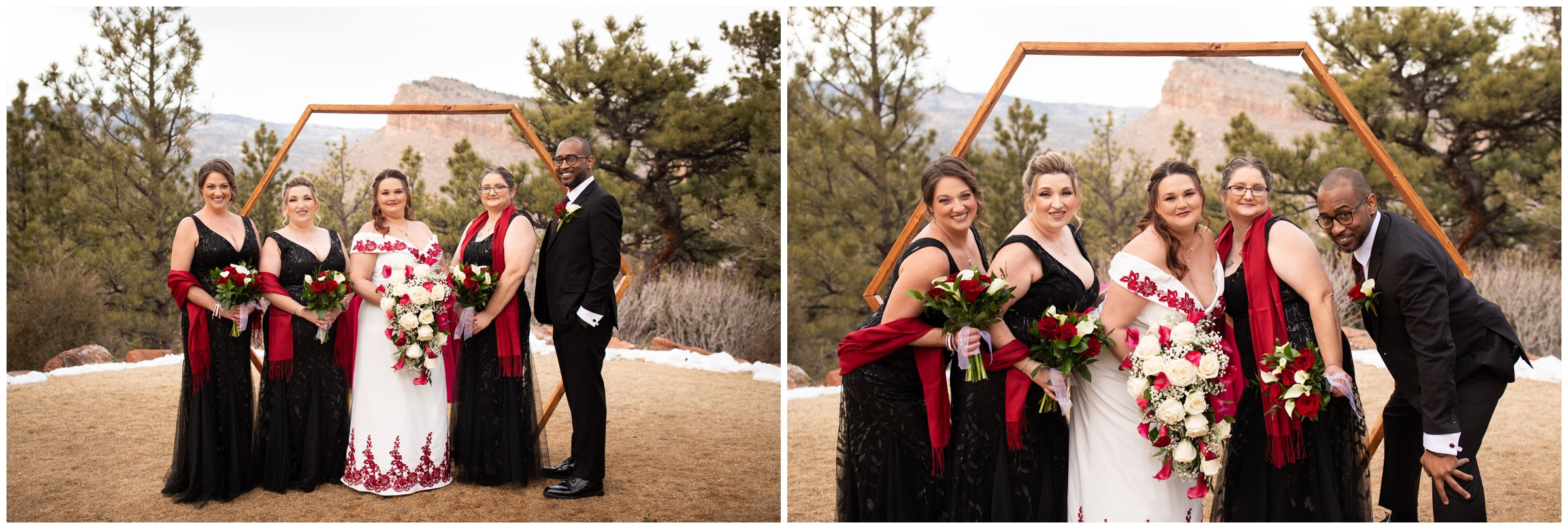 bridal party in black and red at Colorado winter wedding 