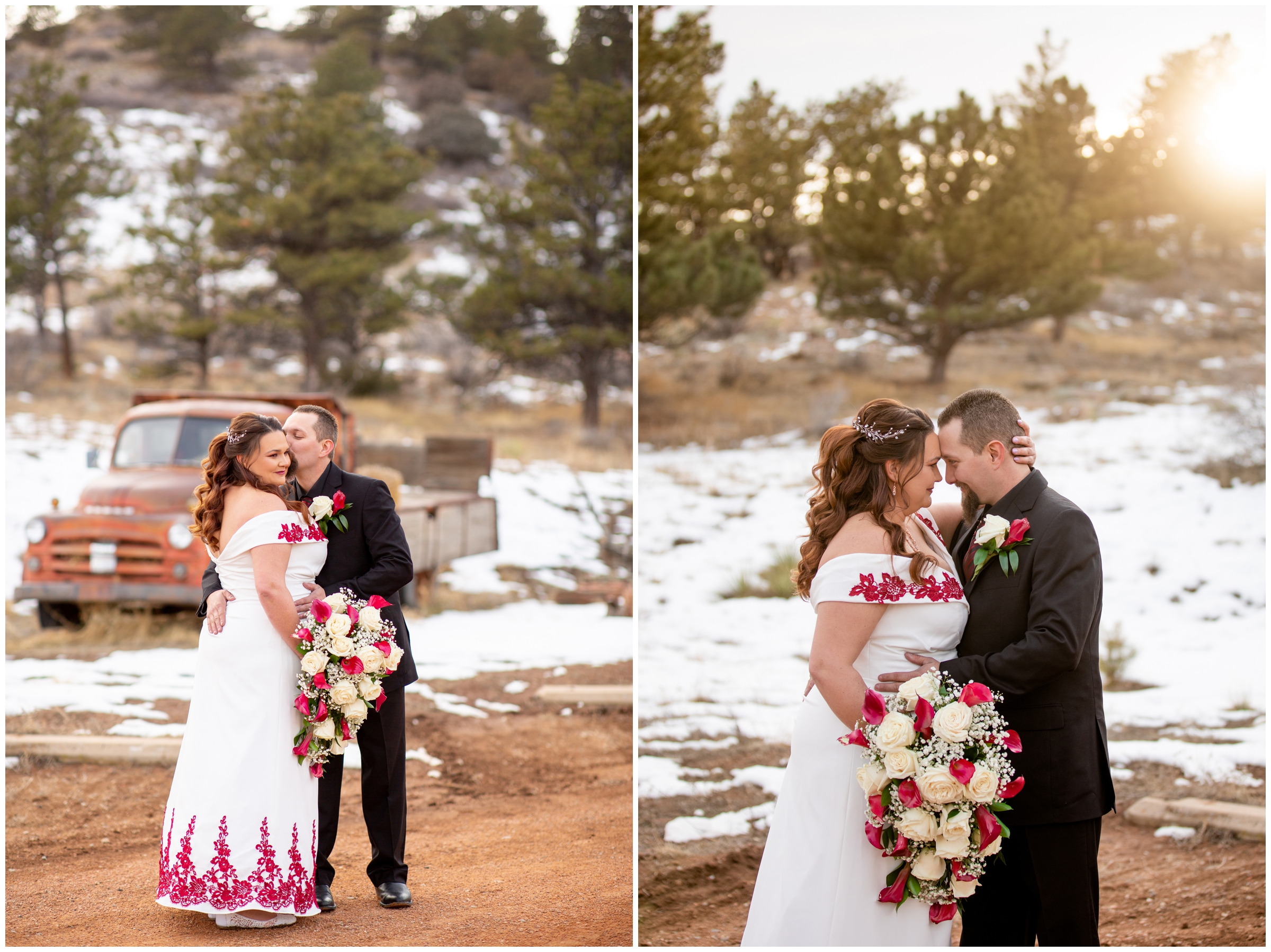 couple cuddling during sunny and snowy wedding pictures at Lionscrest Manor