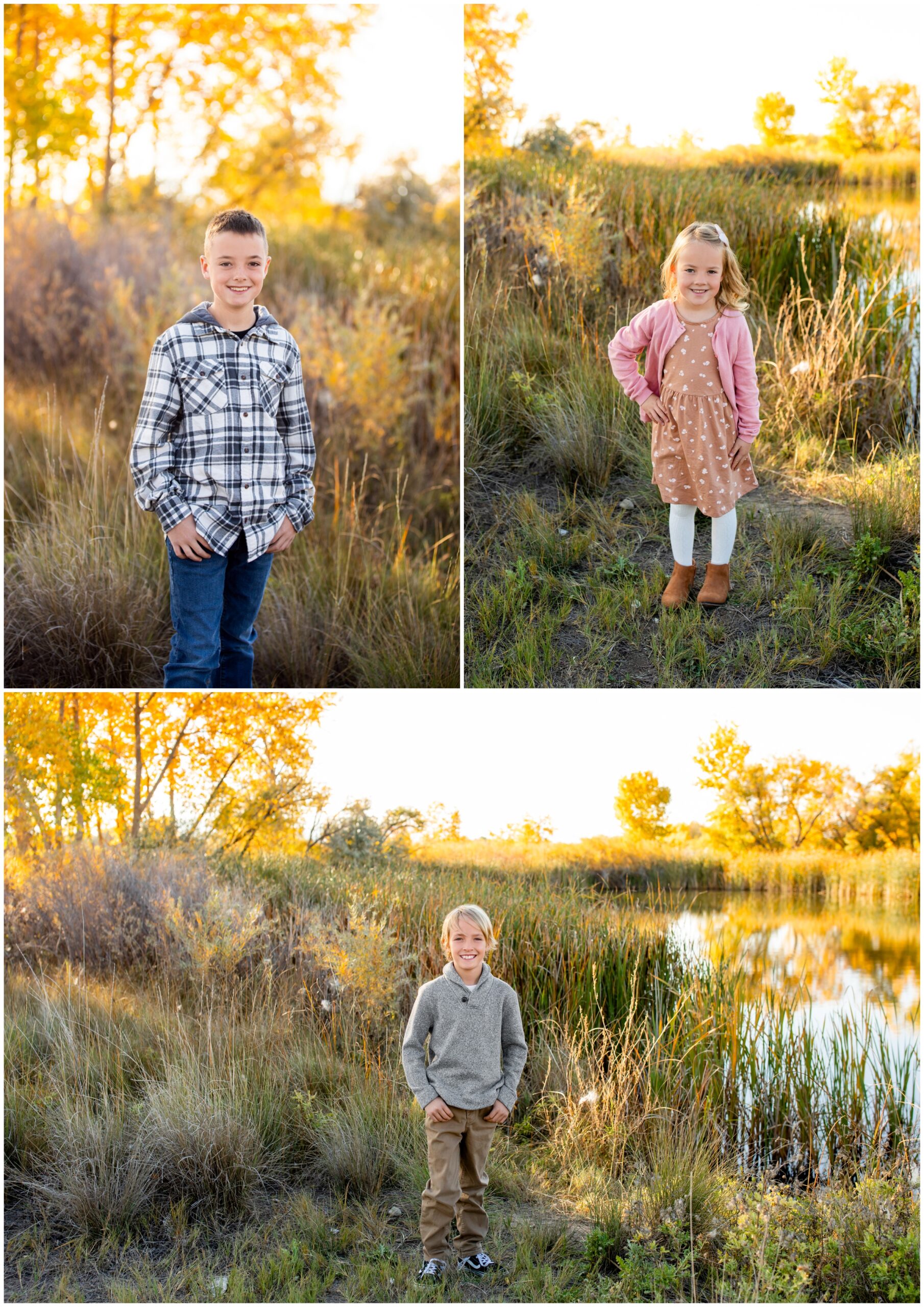 kids posing in front of colorful fall foliage during Longmont Colorado family photography session 