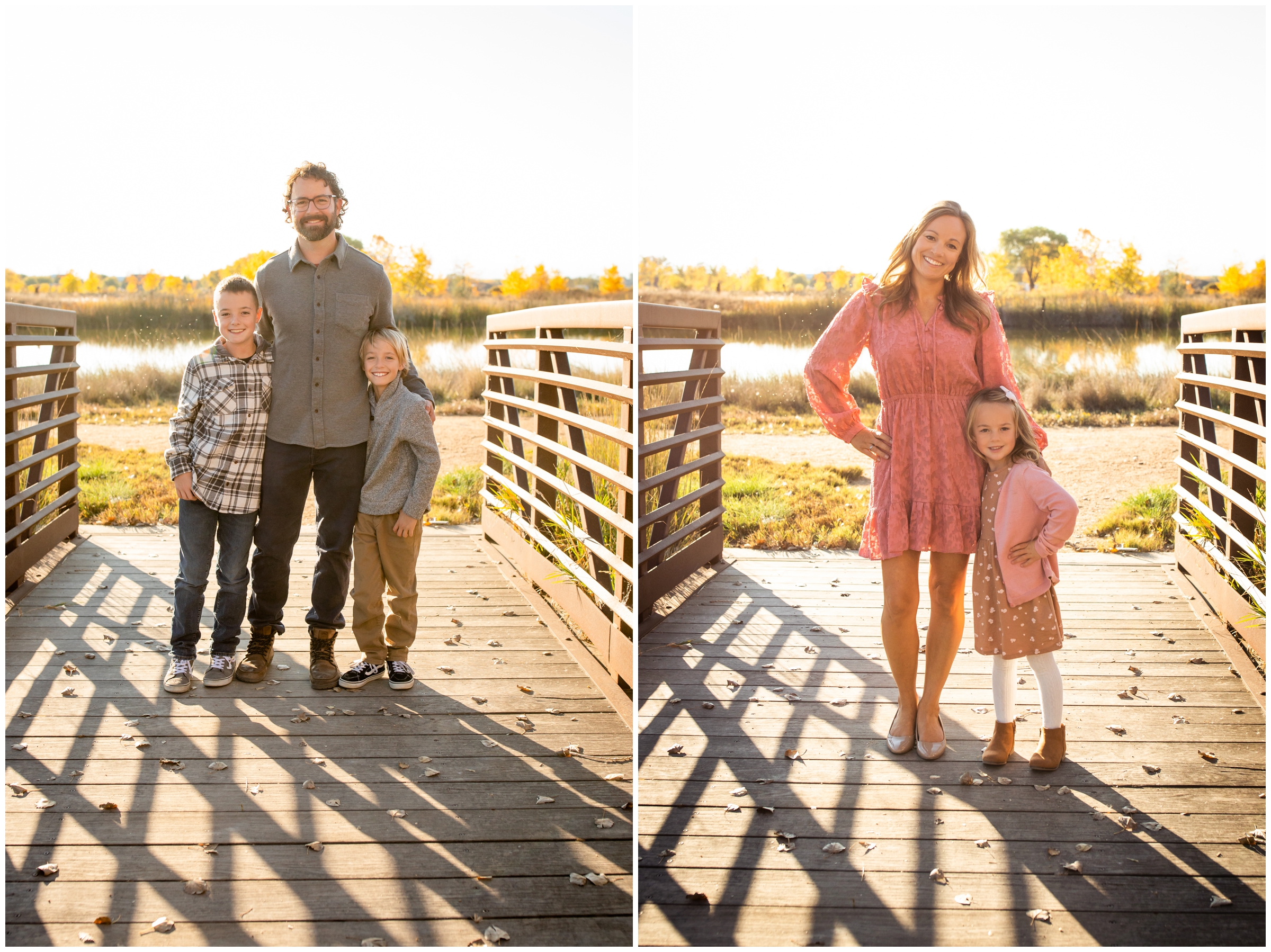 kids and their parents posing on a bridge at Idaho Creek Open Space Park in Colorado