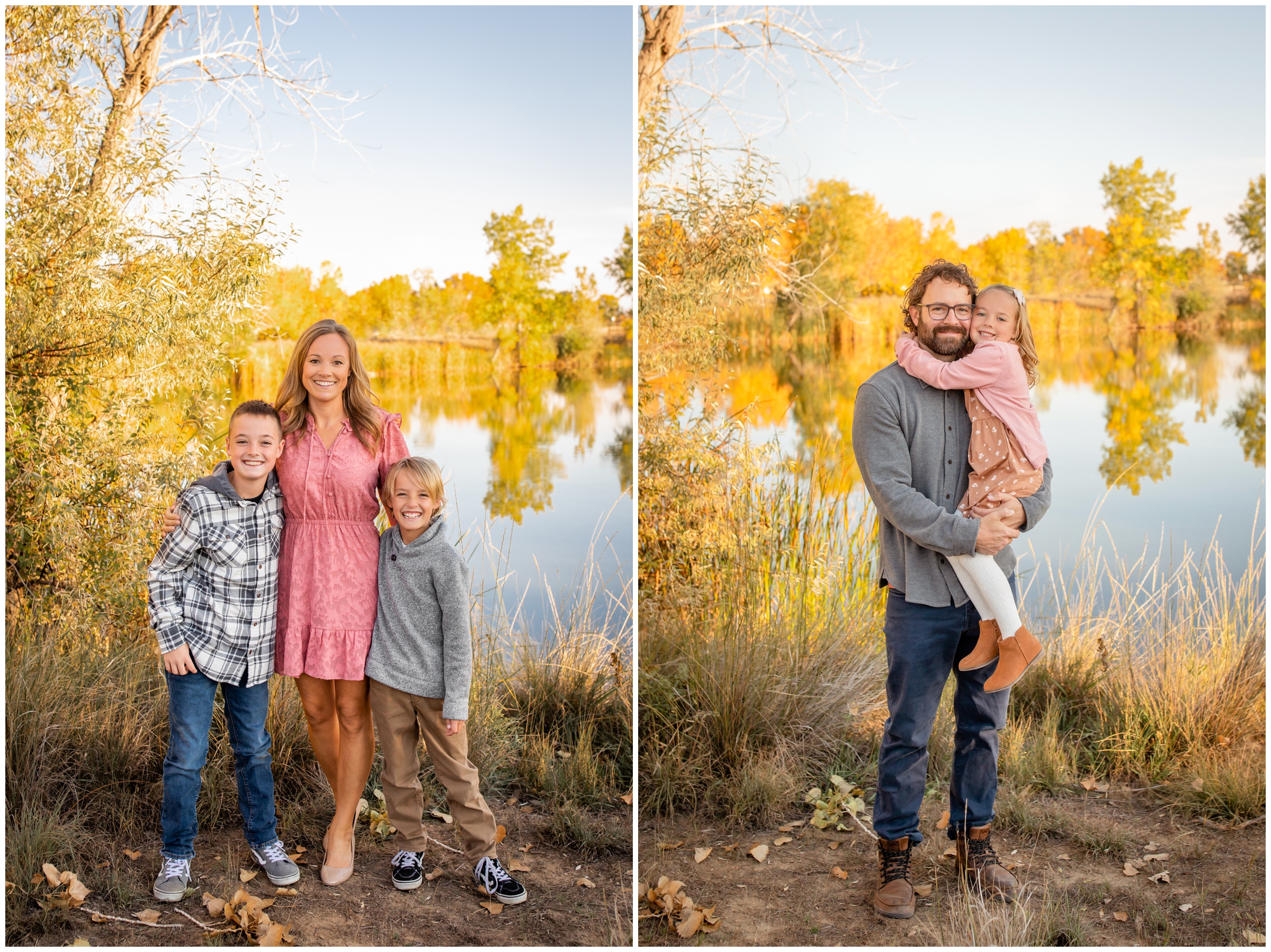 dad holding little daughter with colorful lake in background during Longmont Colorado fall family pictures