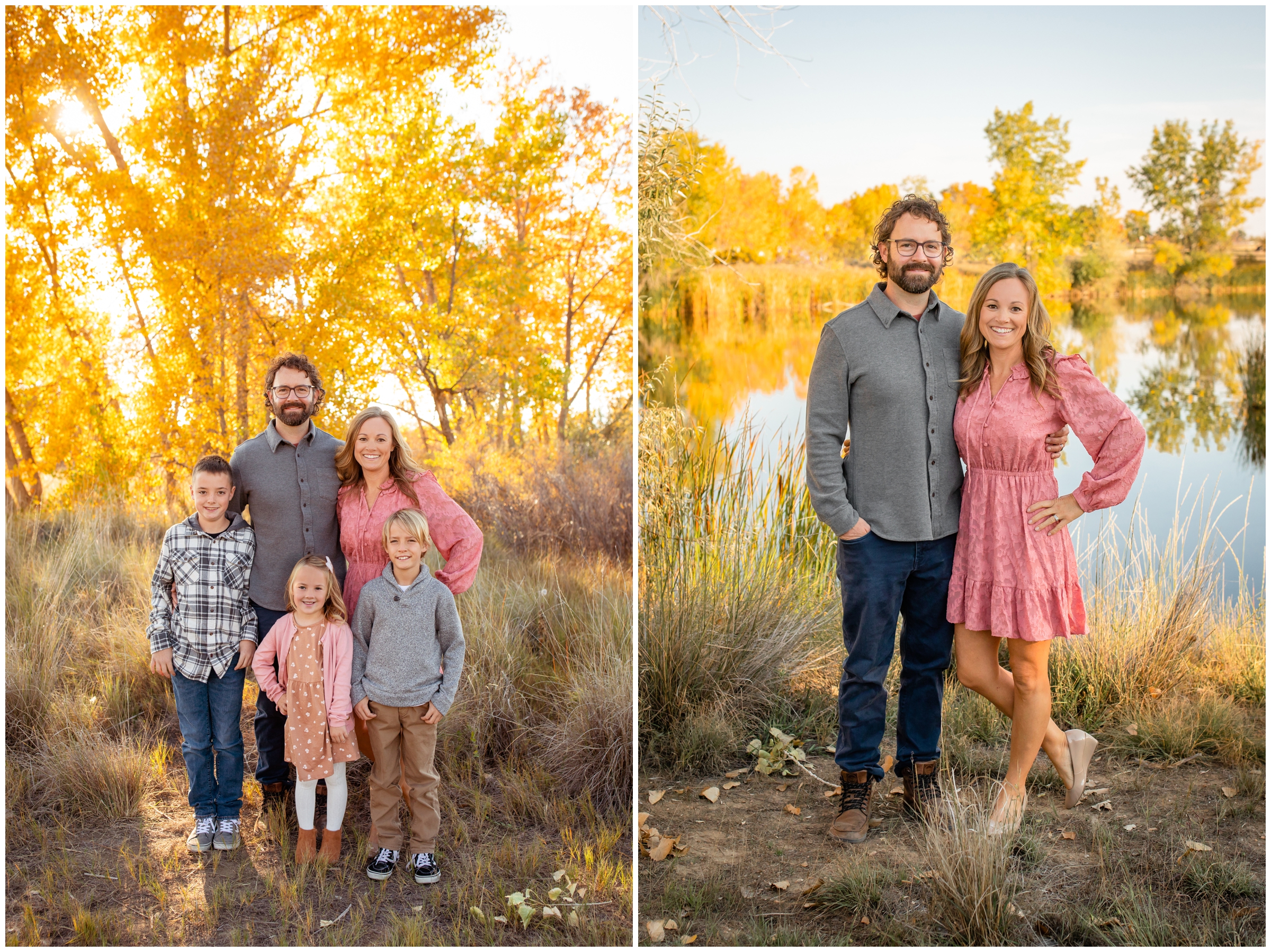 couple posing in front of colorful fall foliage during Longmont Colorado family photo shoot 