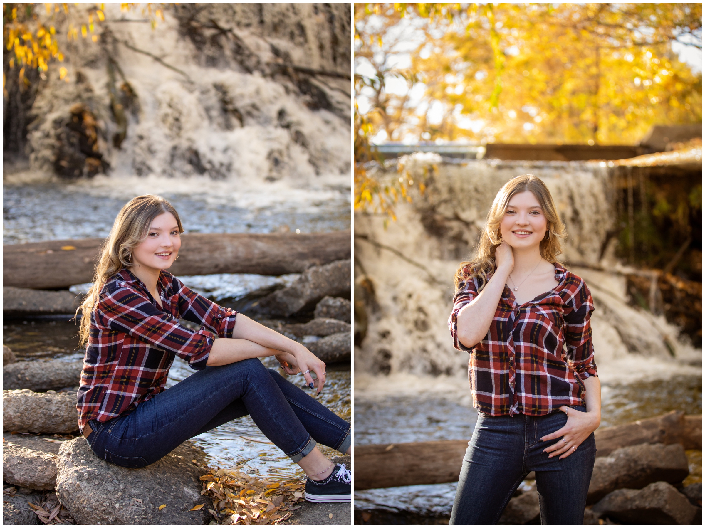 teen posing by waterfall at Golden Ponds during Longmont Colorado fall senior photos by Plum Pretty Photography 