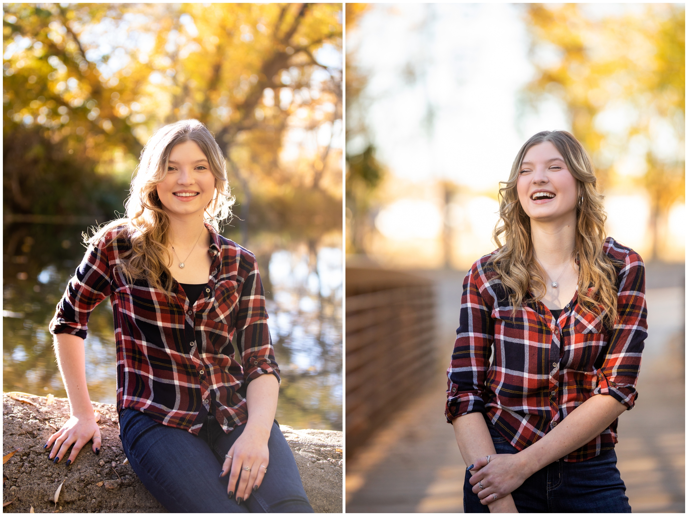 teen girl posing on bridge and laughing during candid senior pictures at Golden Ponds in Longmont Colorado 
