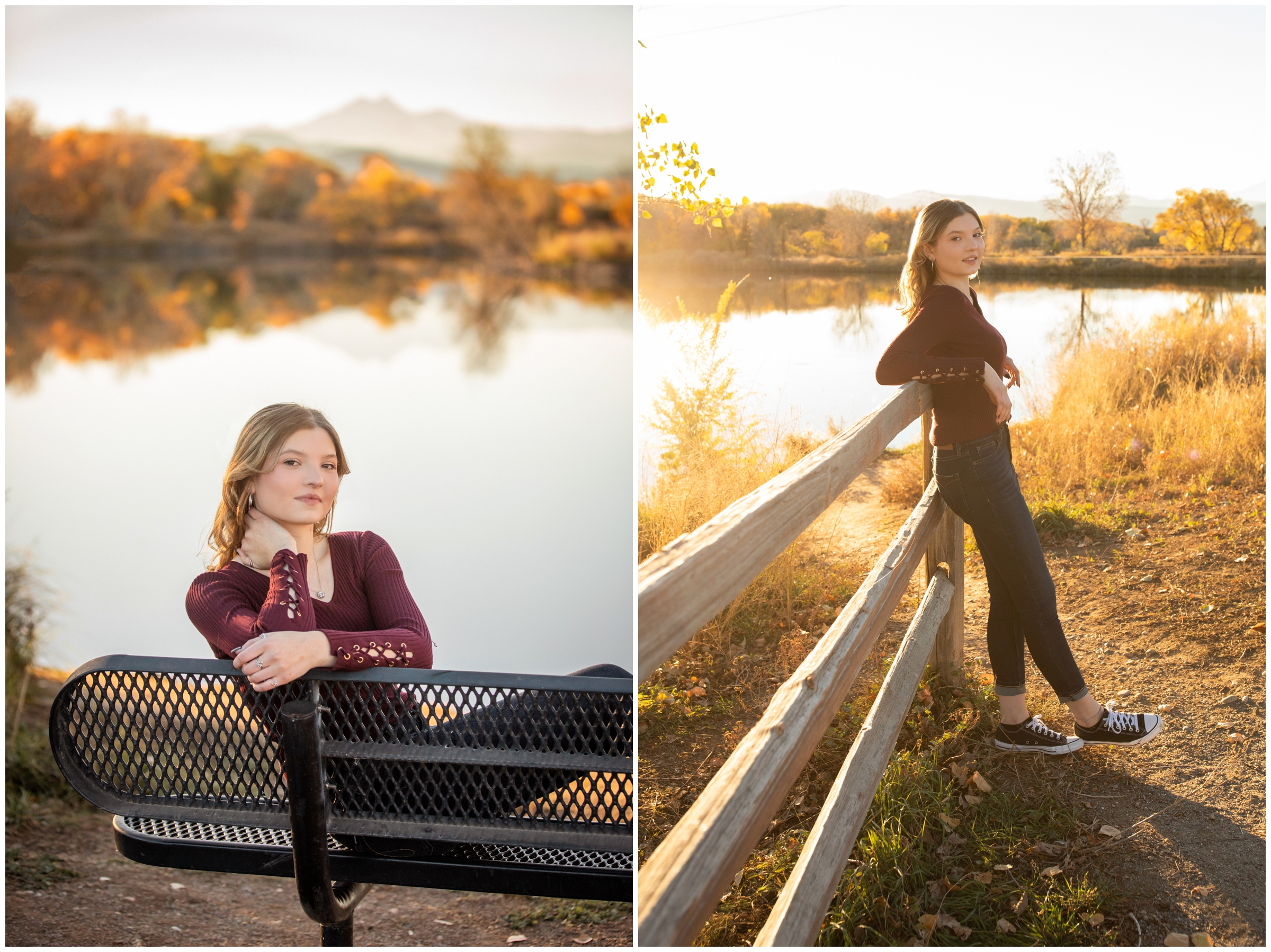 teen sitting on bench during high school graduation portraits at Golden Ponds in Colorado 