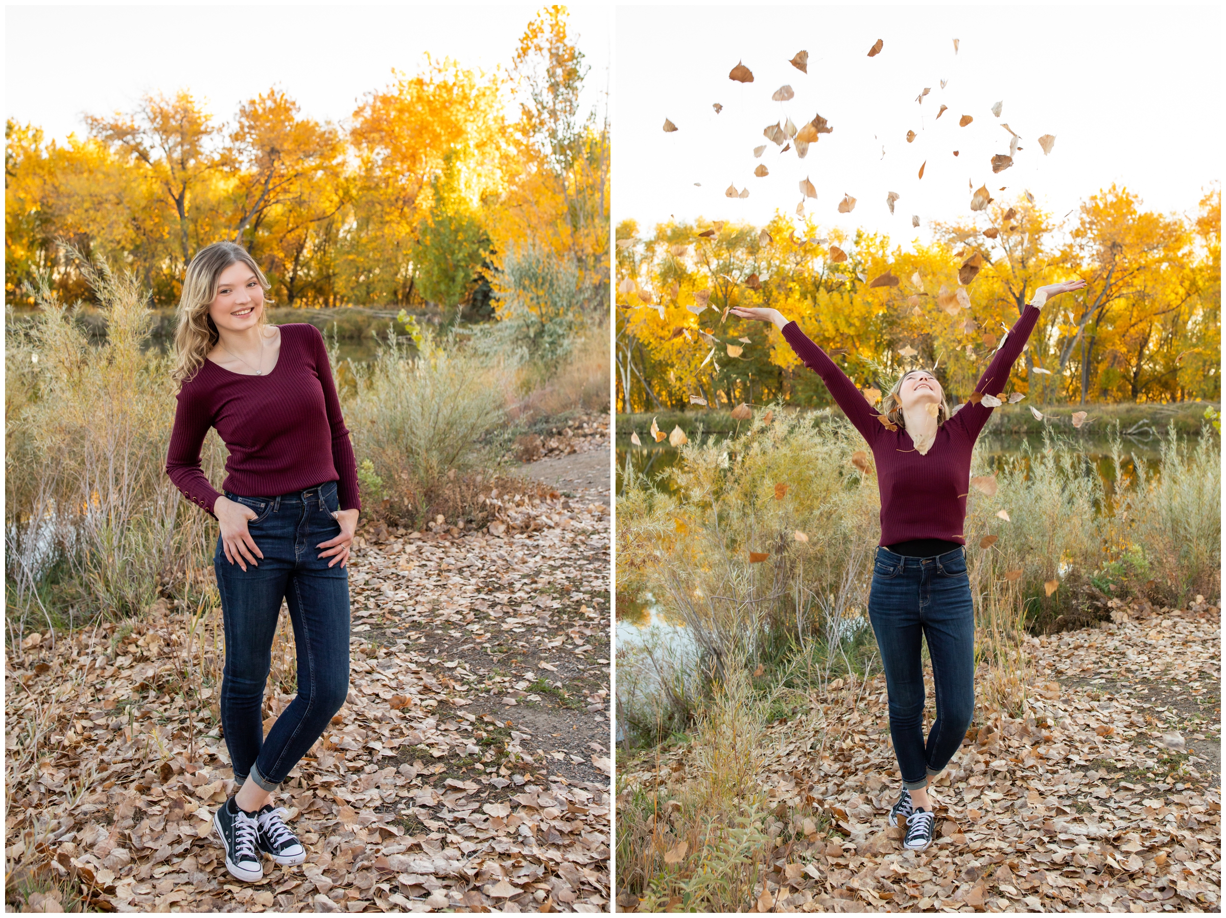 teen girl throwing leaves in the air during fall senior photography session at Golden Ponds Longmont 