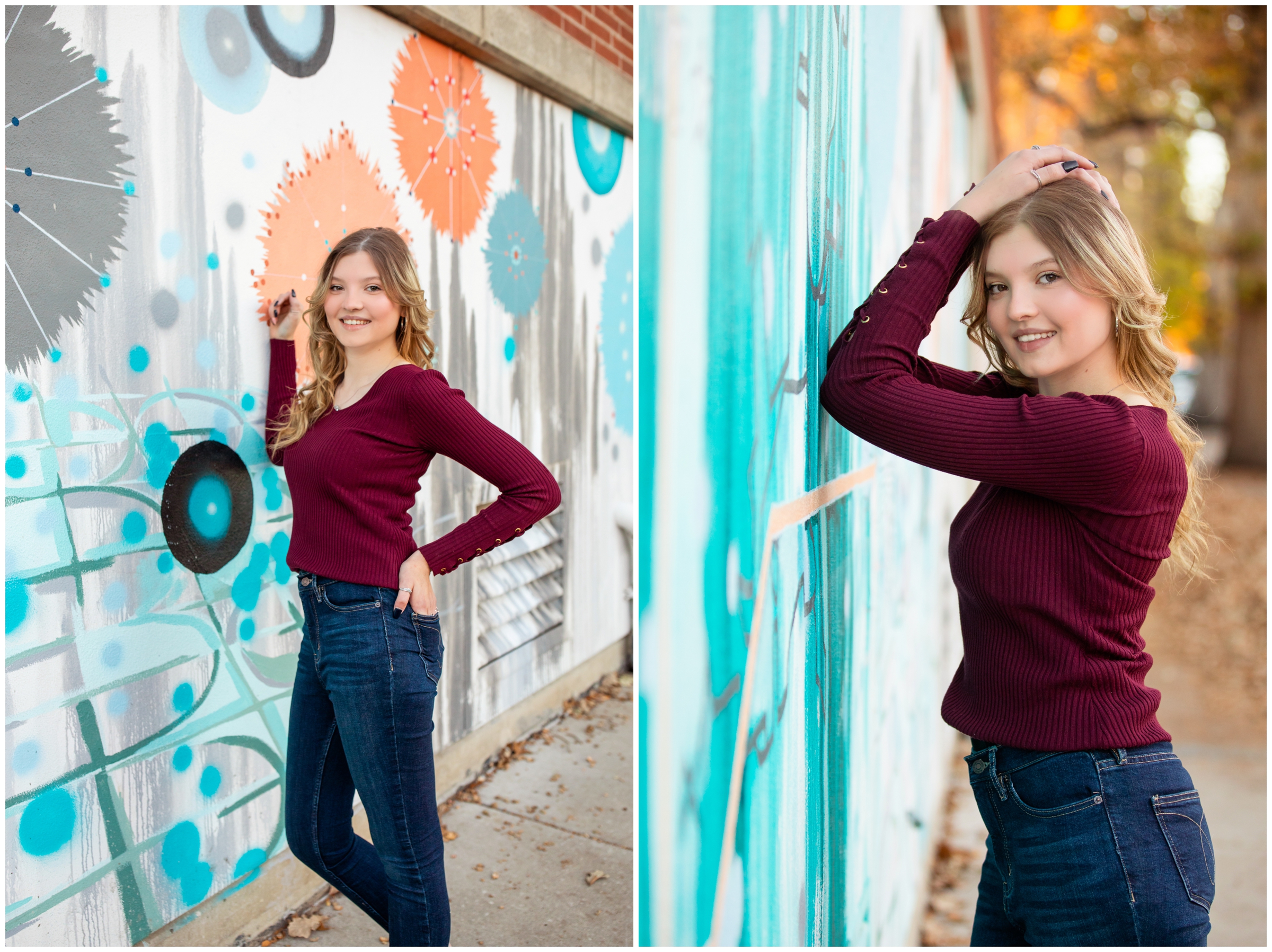 teen girl leaning against colorful mural wall during urban senior photos in Longmont Colorado 