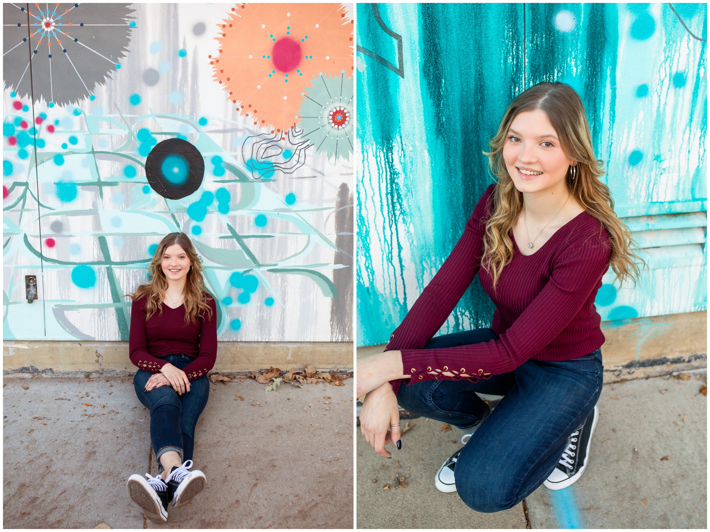 teen girl sitting against colorful mural wall during urban senior photos in Colorado 