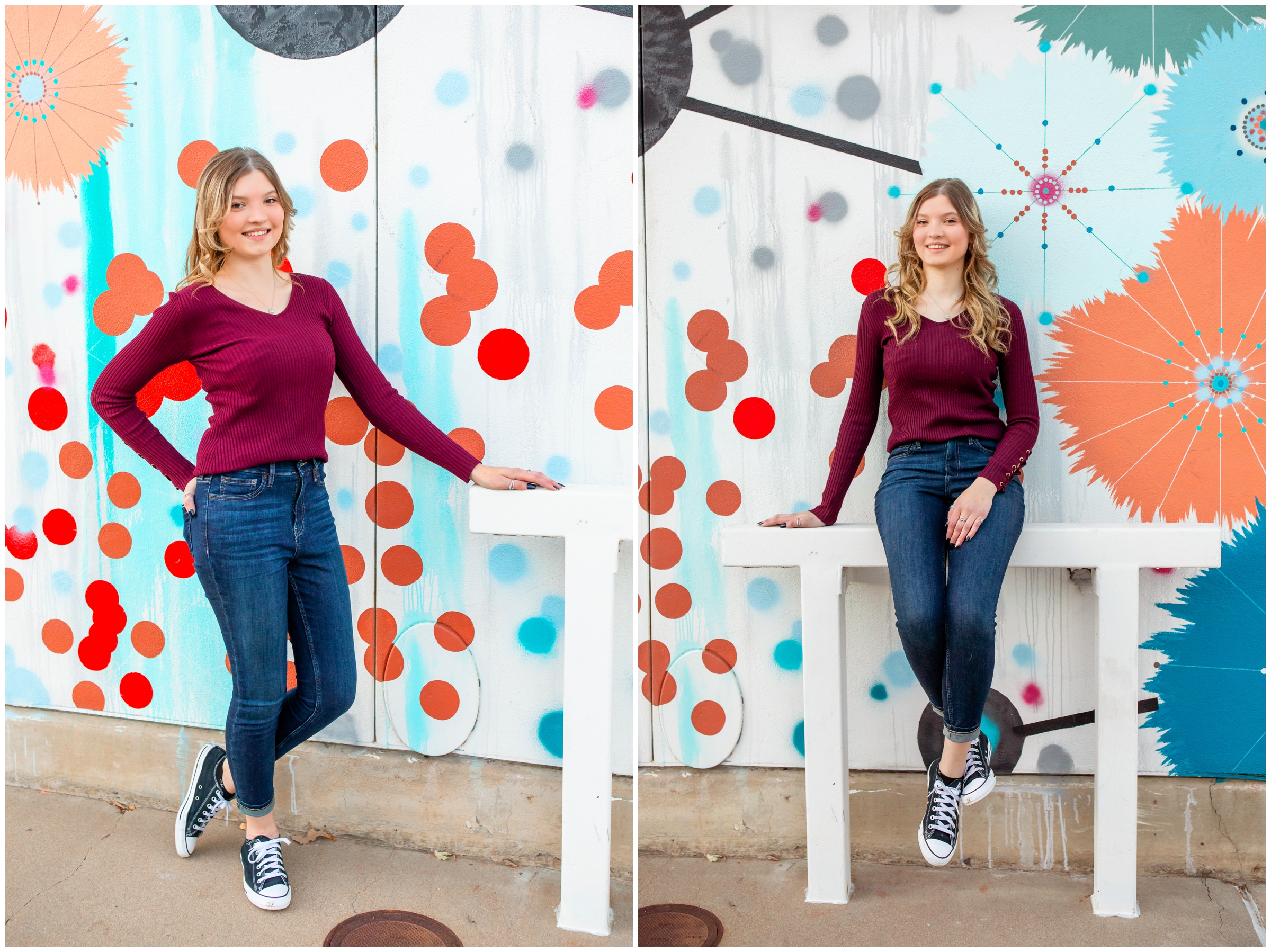 teen leaning against colorful mural wall during urban artsy senior pictures in Northern Colorado 
