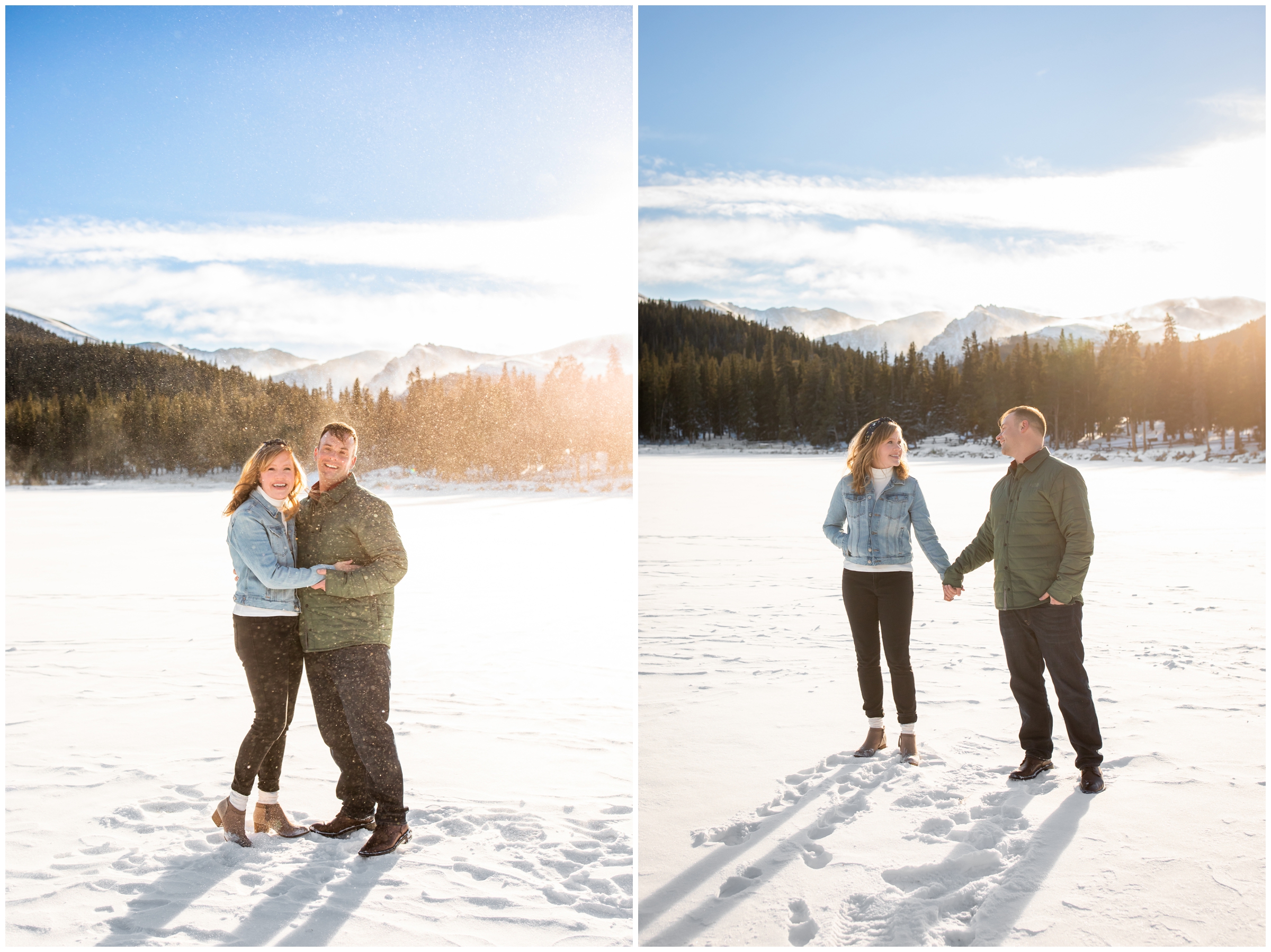 couple standing on a frozen lake during Idaho Springs Colorado winter couples photography session at Echo Lake