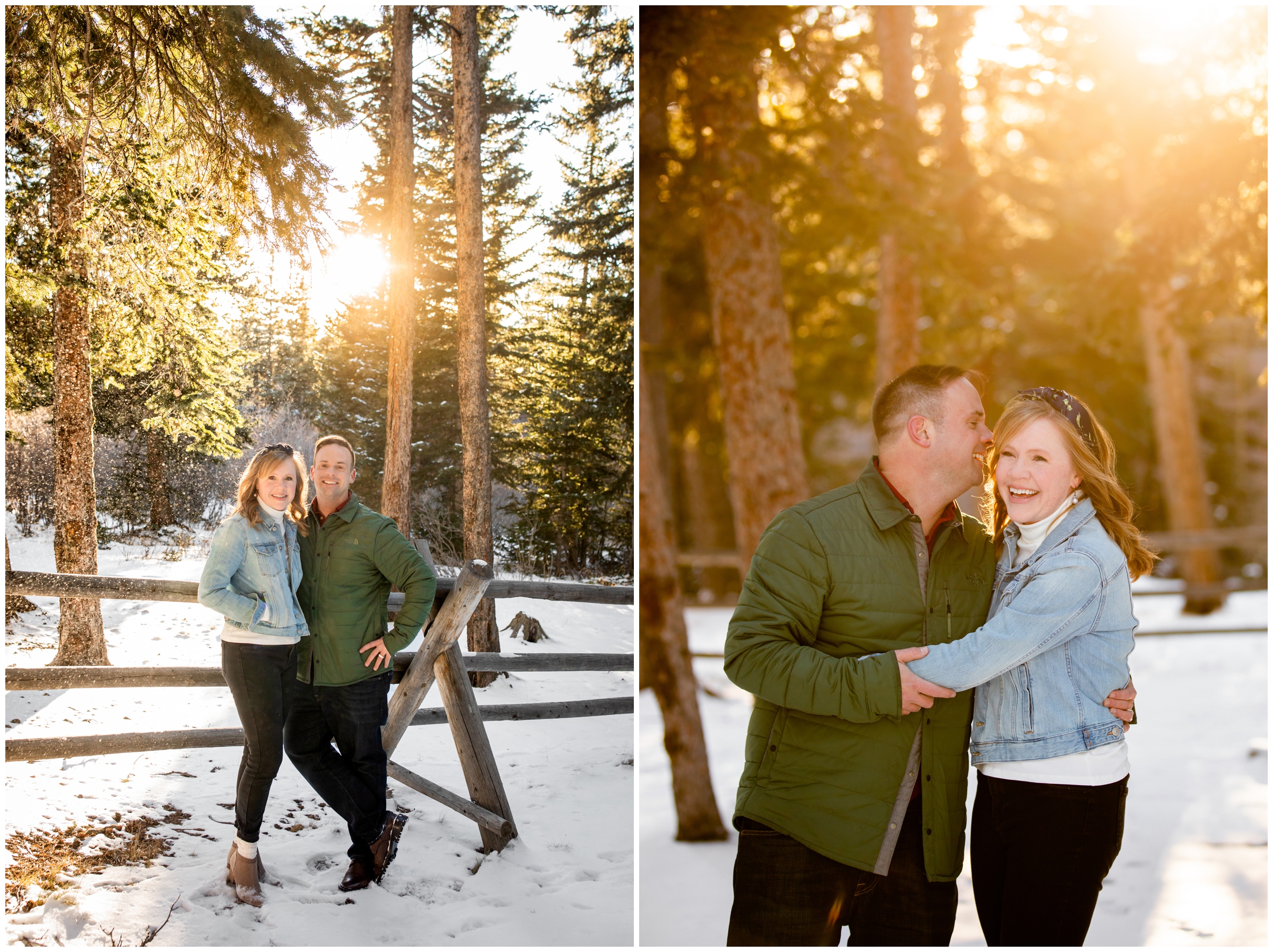 couple leaning against wooden fence during snowy mountain photo session in Colorado mountains at Echo Lake 