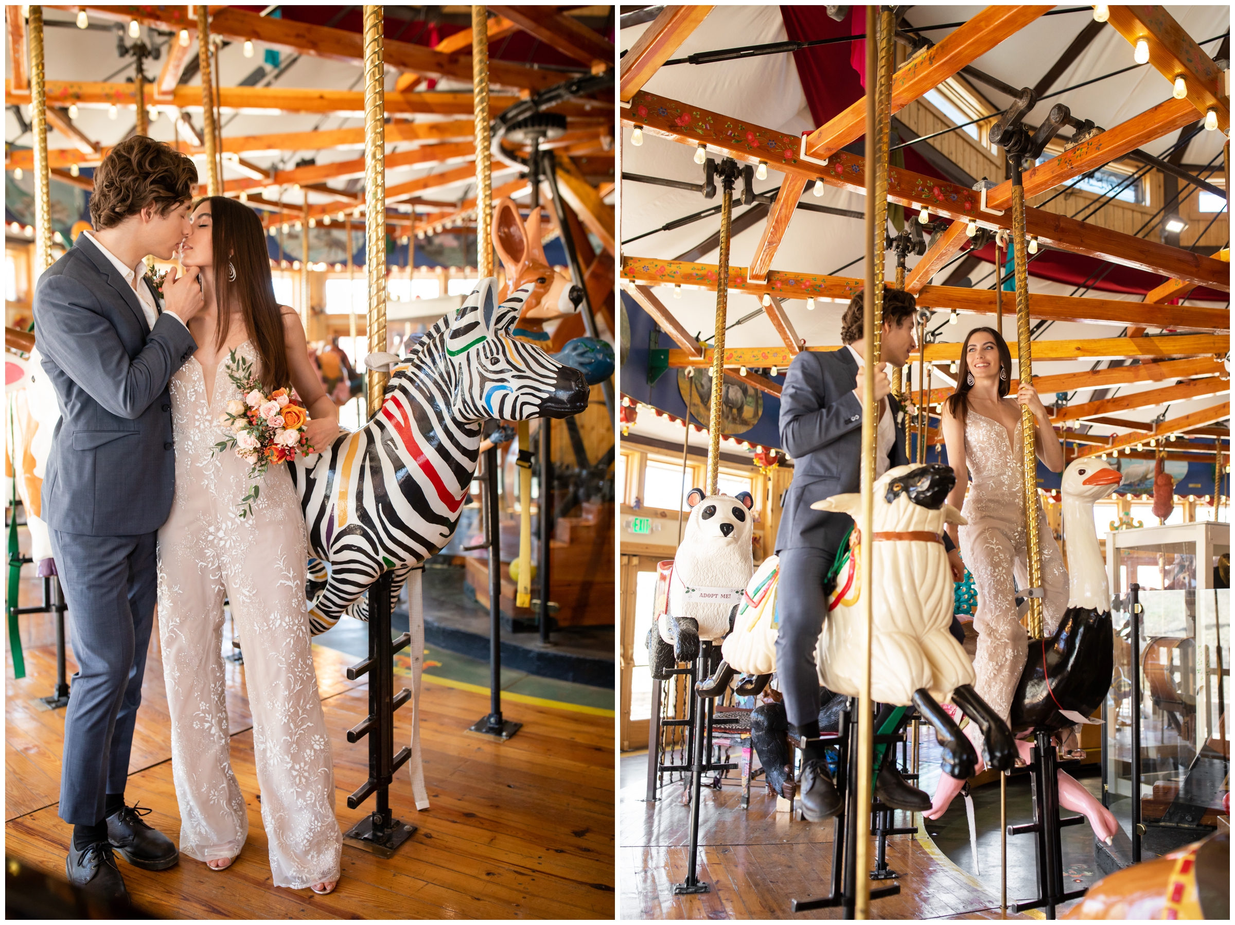 couple riding on carousel during unique wedding elopement in the Colorado mountains by Plum Pretty Photography