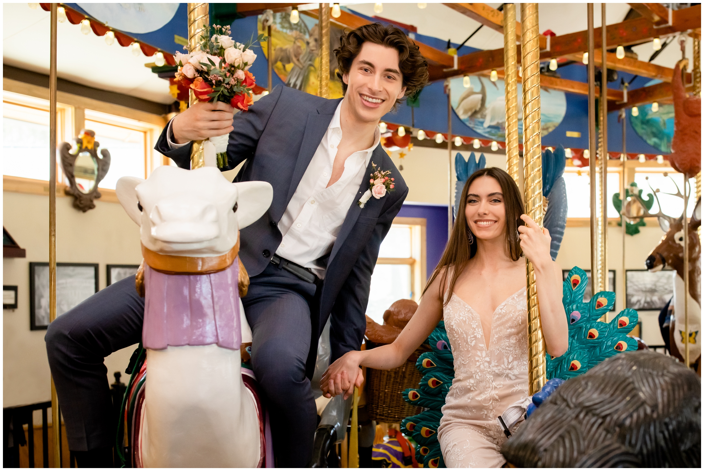 Unique Colorado elopement photos at Nederland Carousel of Happiness by wedding photographer Plum Pretty Photography