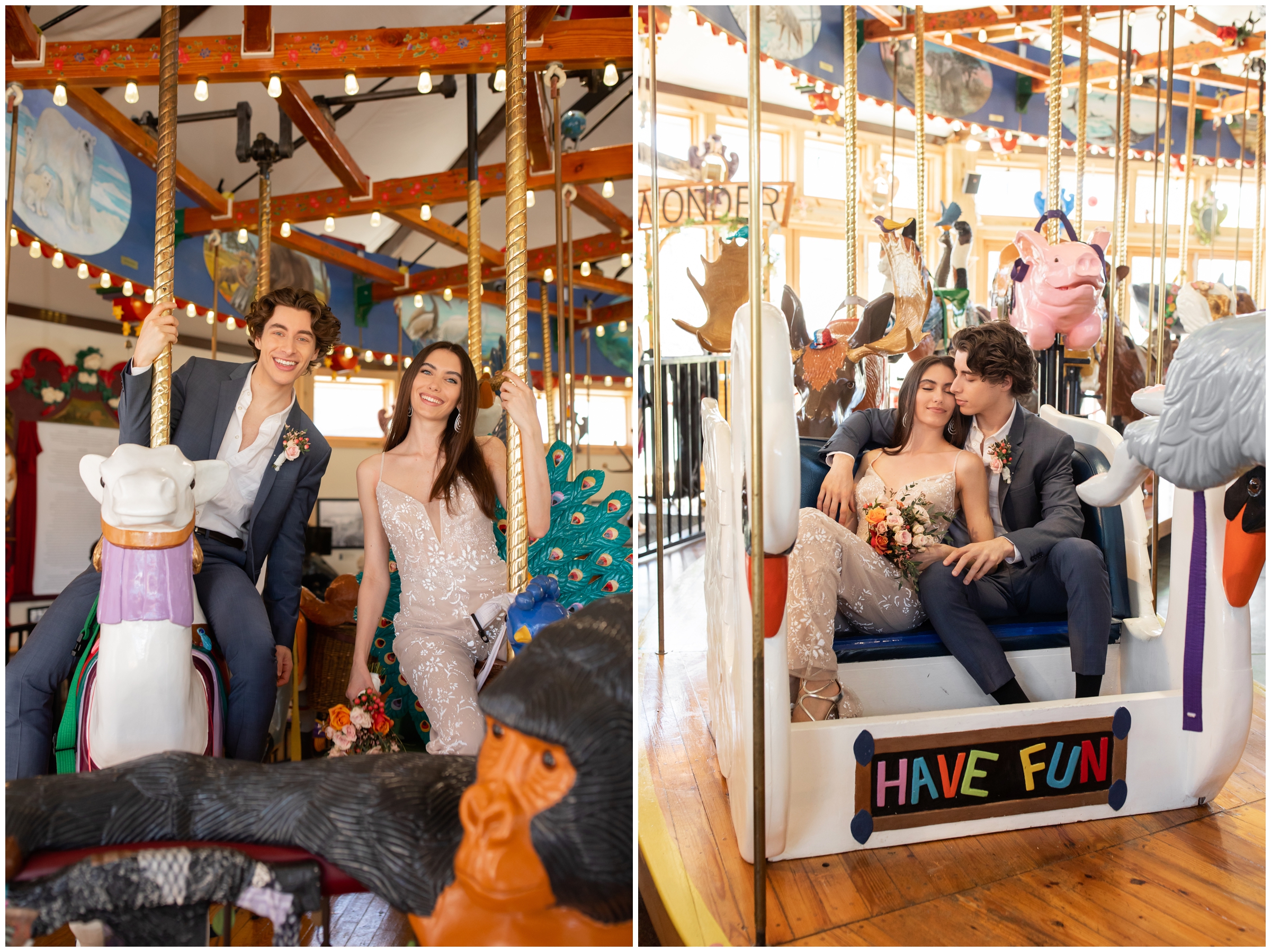 couple riding on carousel during creative engagement photography session in Nederland CO