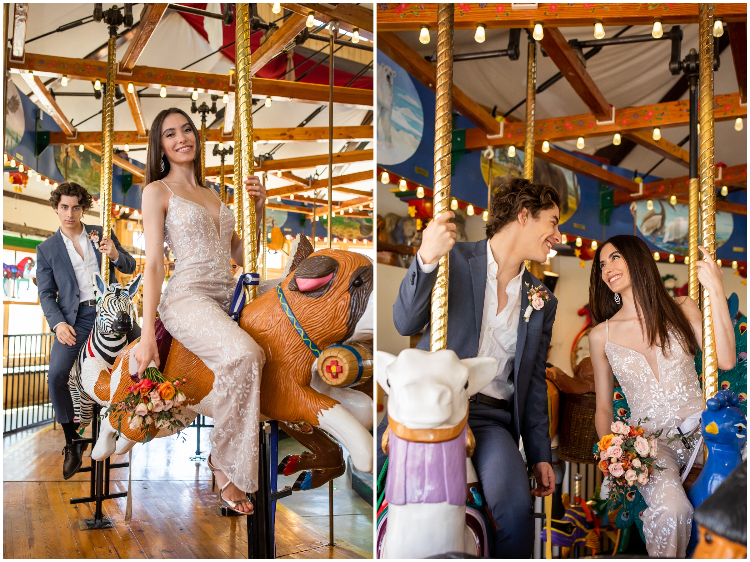 couple riding on carousel during spring elopement wedding pictures in Nederland Colorado 