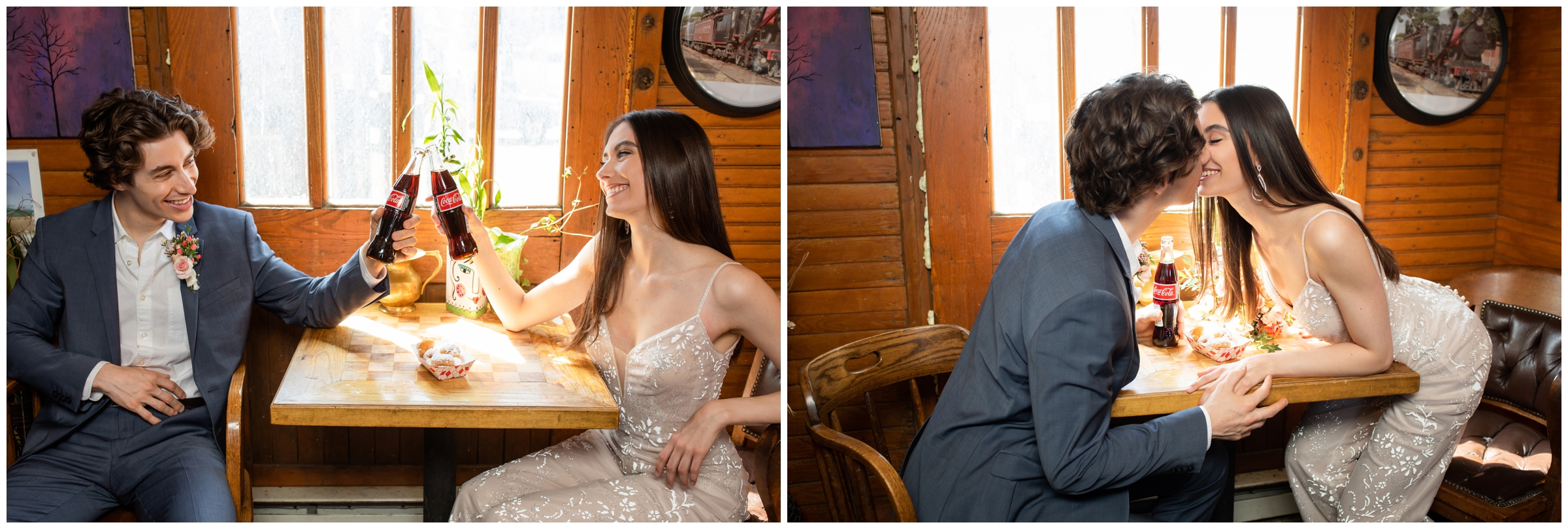 couple toasting bottles of coca cola during unique elopement in a Colorado train car
