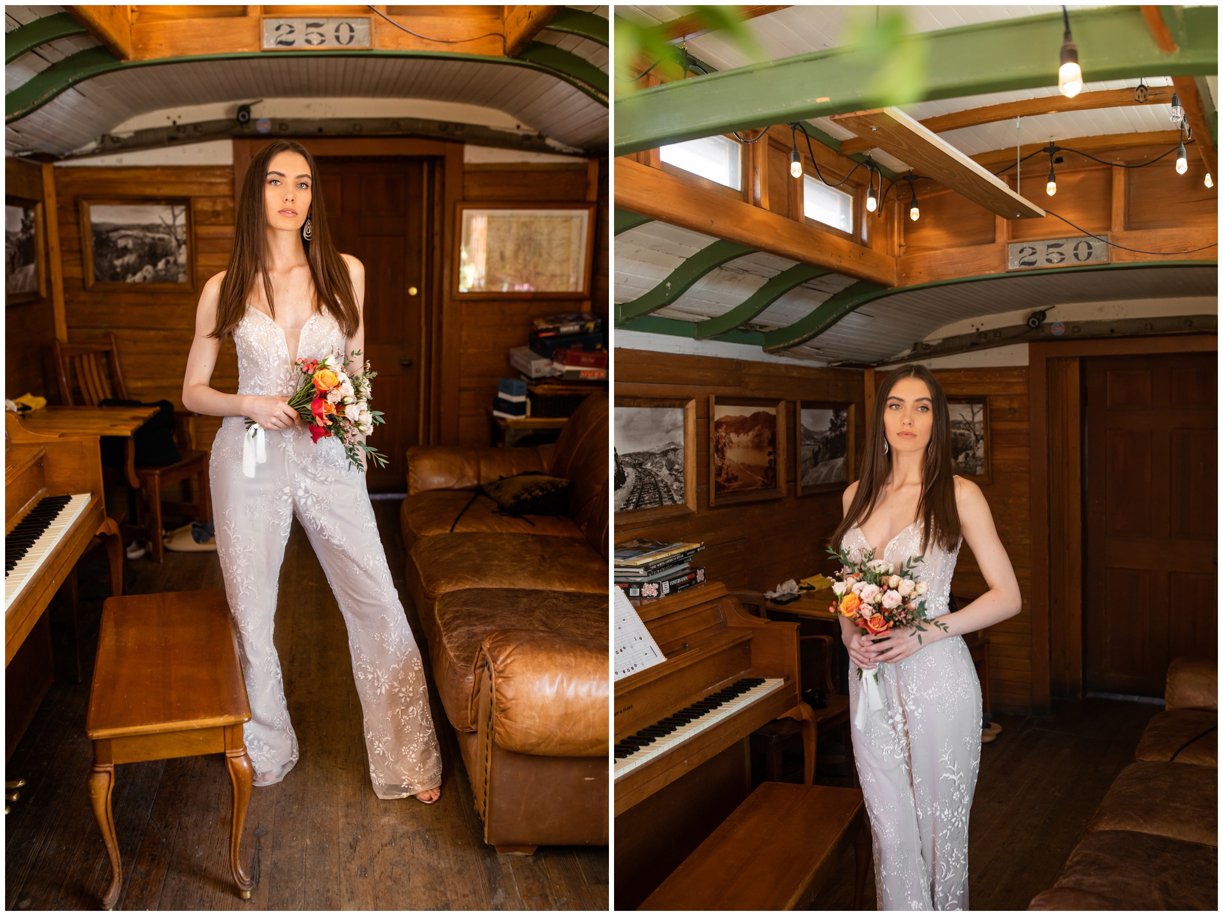bride in sparkly bridal jumpsuit during unique Colorado elopement wedding in a vintage train car