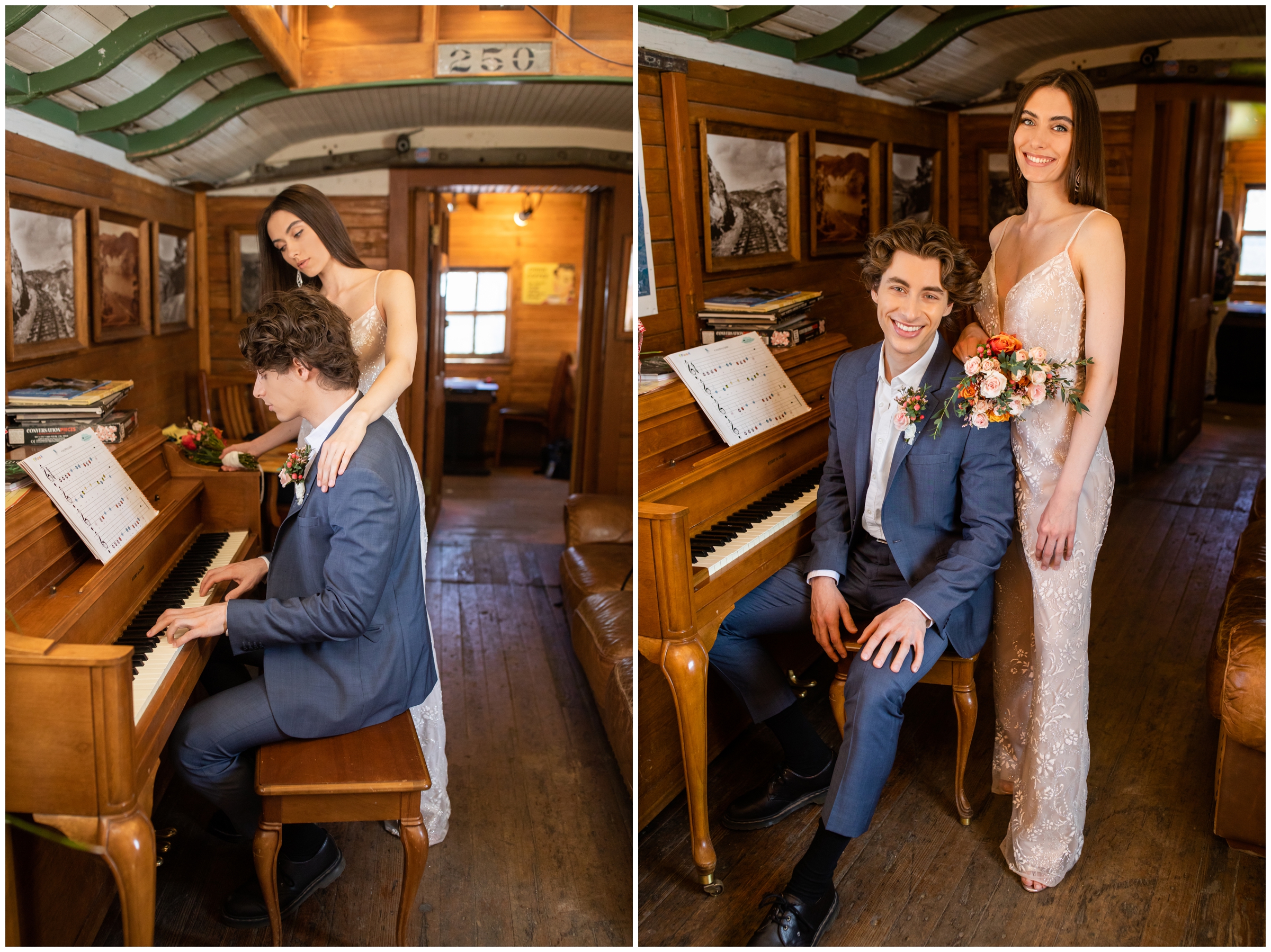 groom playing piano in a old train car during Nederland Colorado elopement wedding pictures 