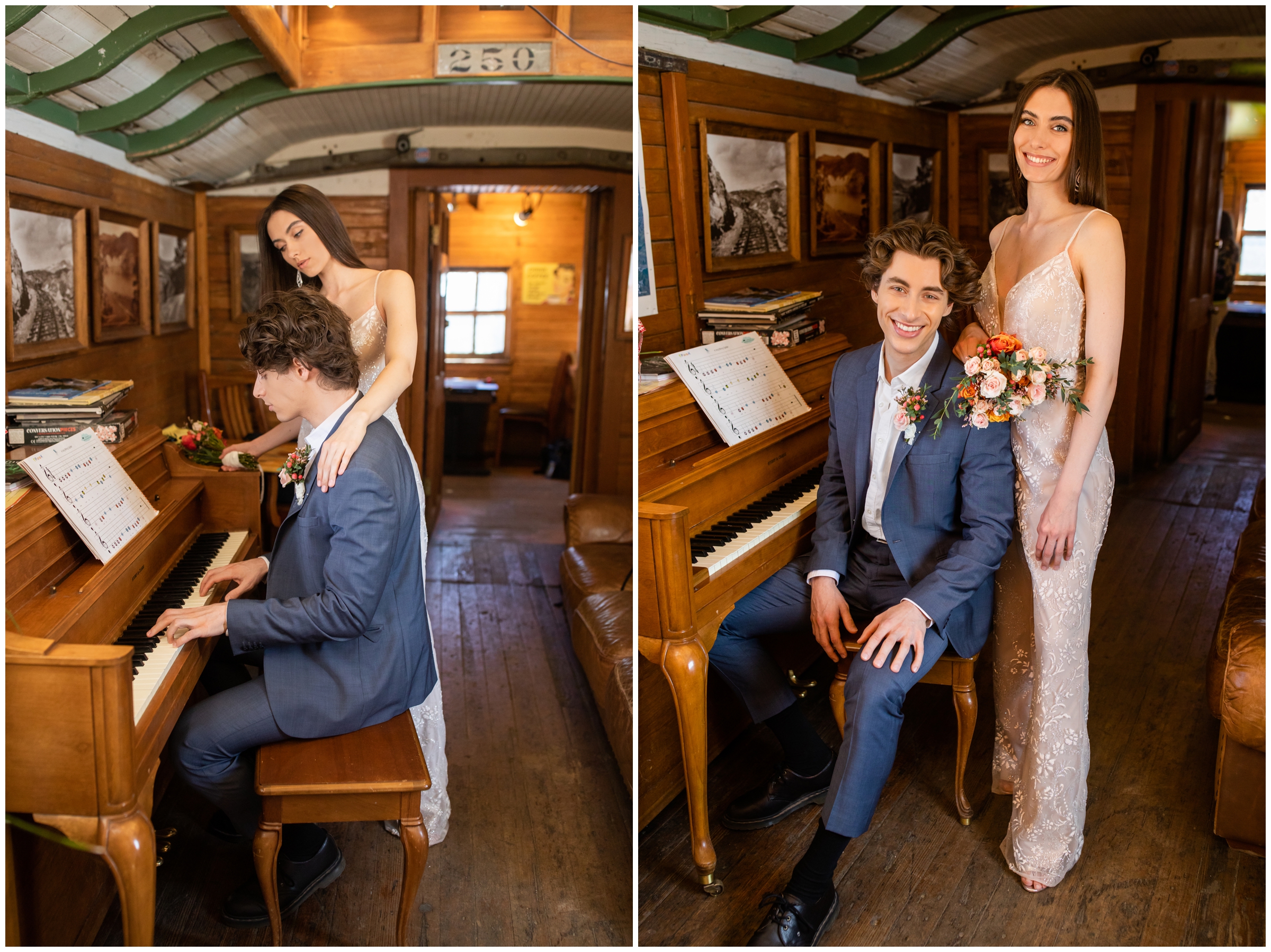 groom playing piano in a old train car during Nederland Colorado elopement wedding pictures