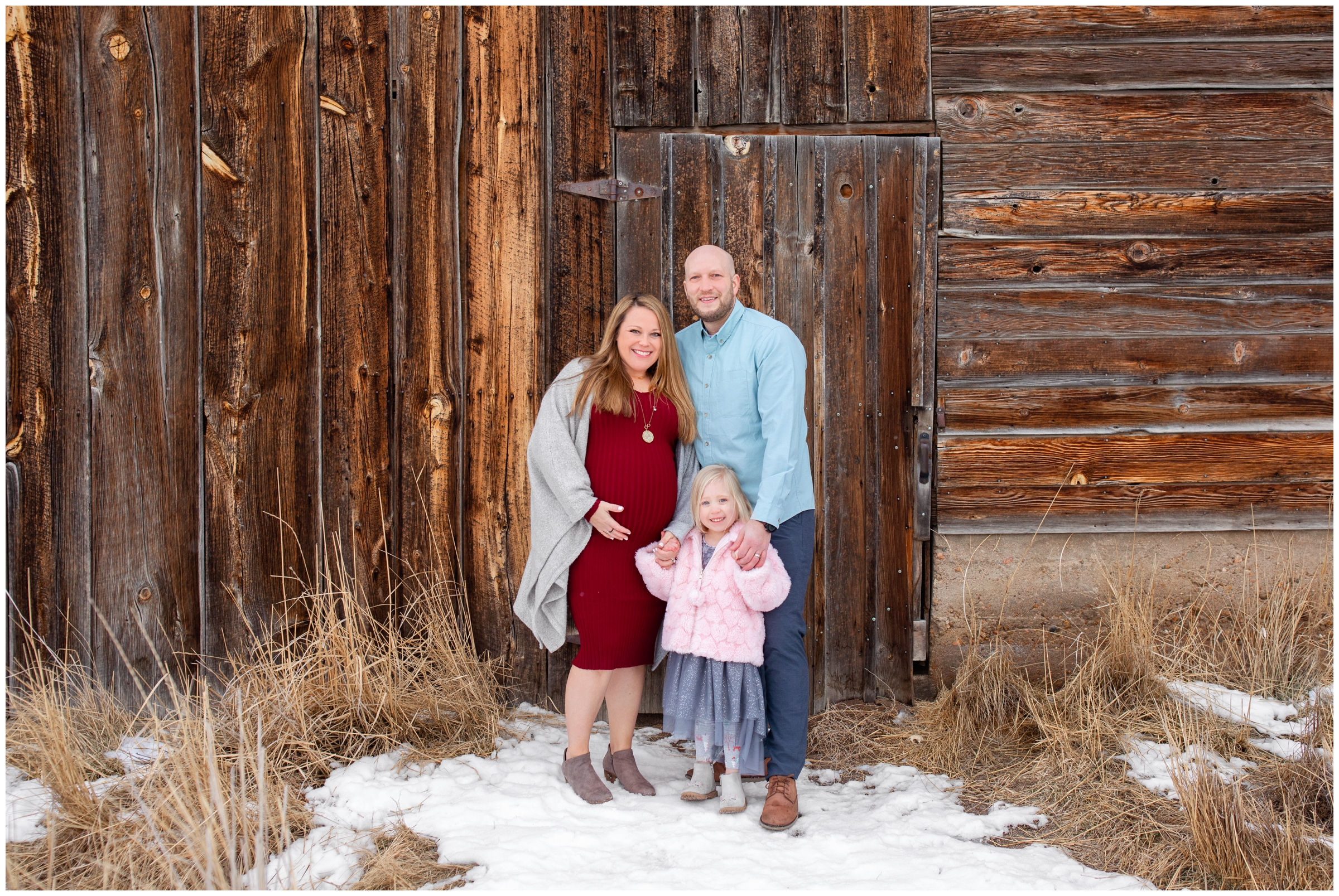 Longmont family maternity photos during winter at Sandstone Ranch by Colorado portrait photographer Plum Pretty Photography