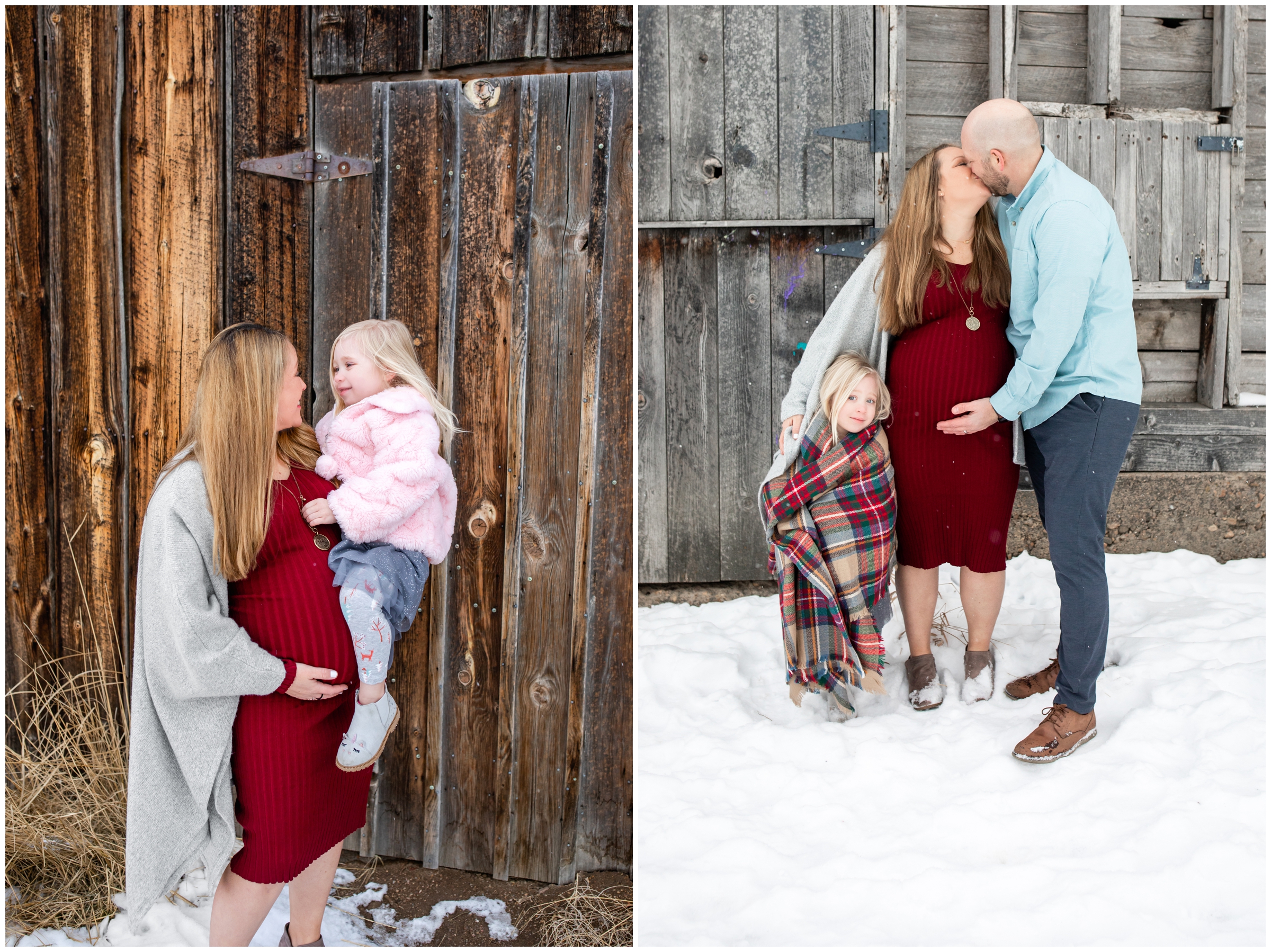 family posing in snow during rustic family photos at Sandstone Ranch in Longmont Colorado 