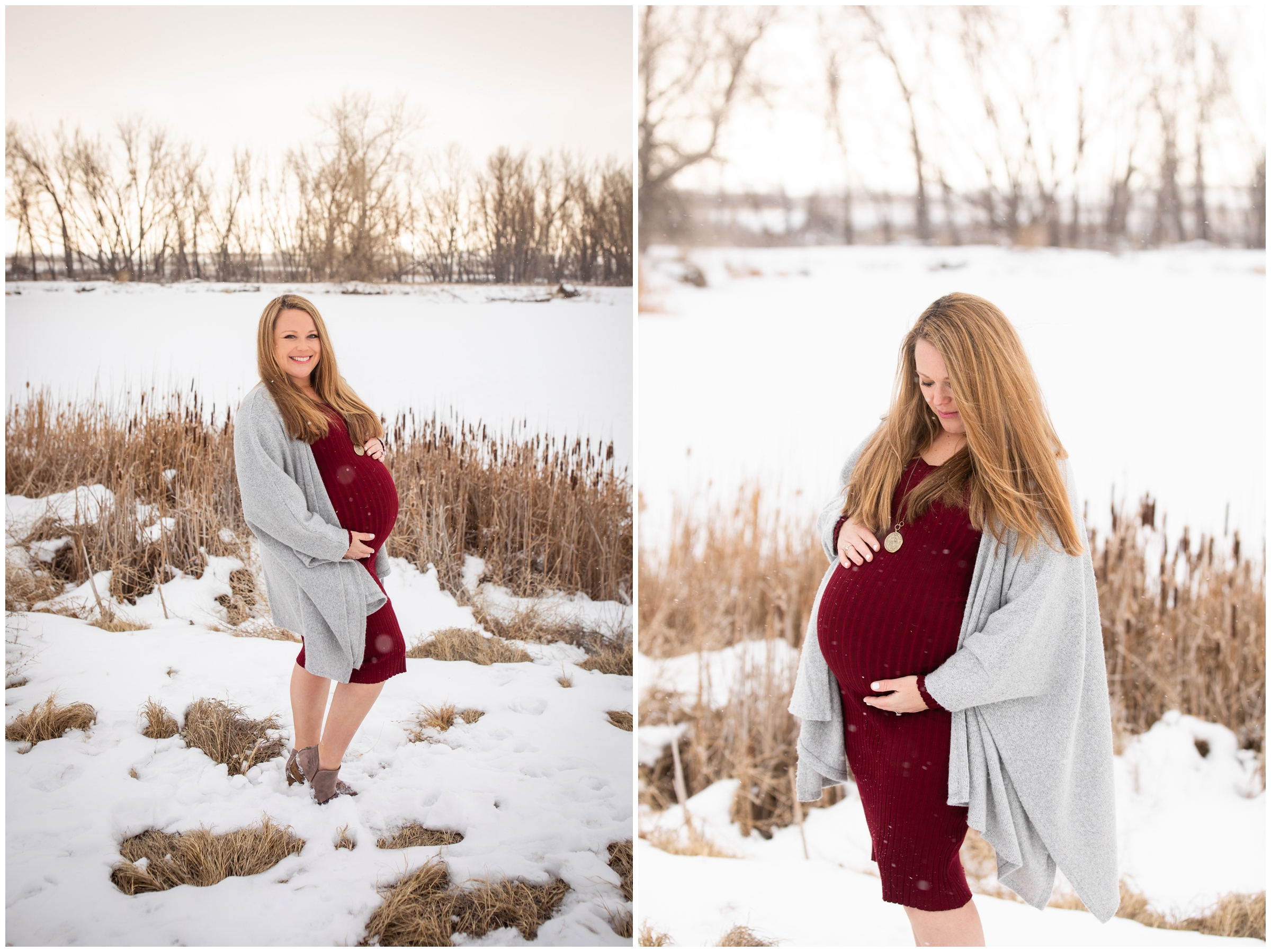 woman posing in the snow during winter maternity portraits at Sandstone Ranch in Colorado