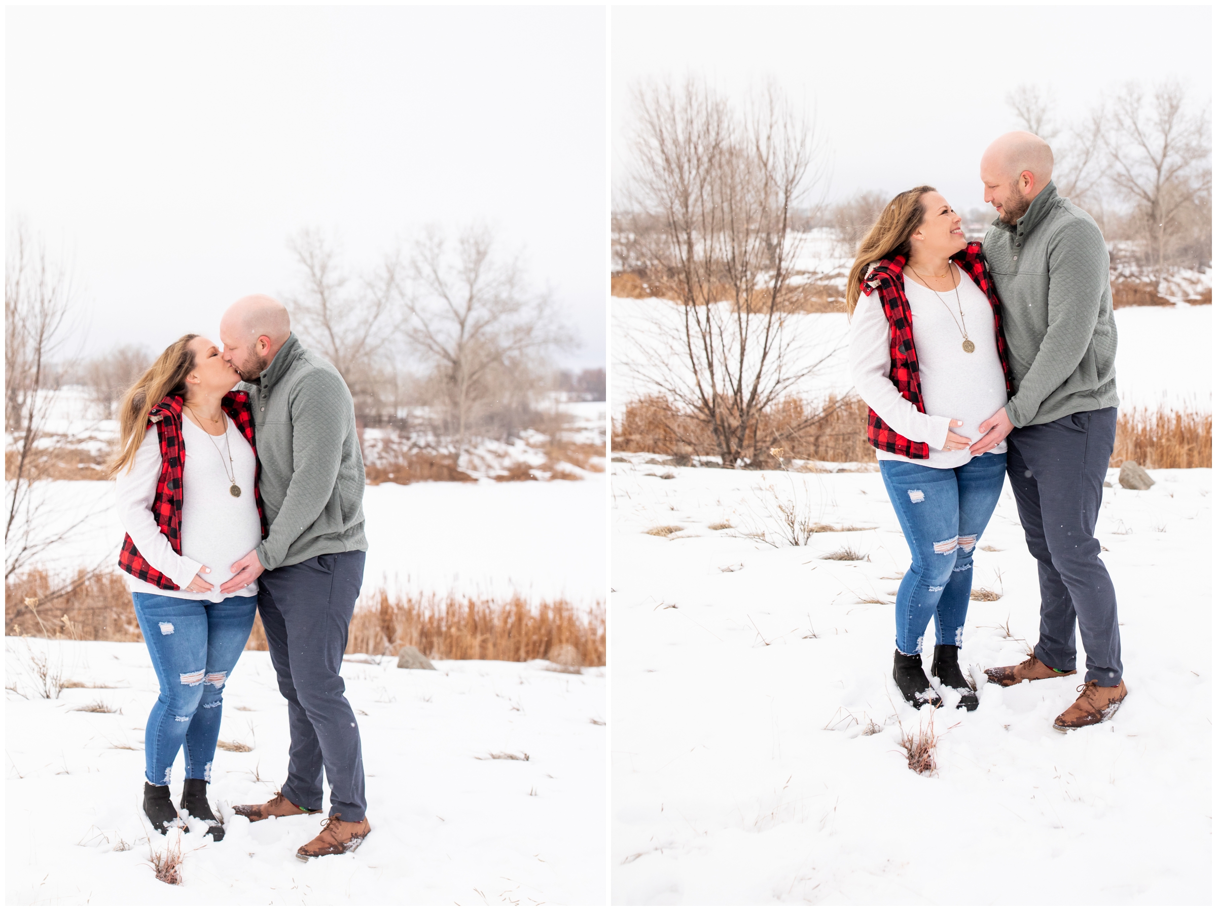 couple kissing in the snow during winter maternity photography session in Northern Colorado