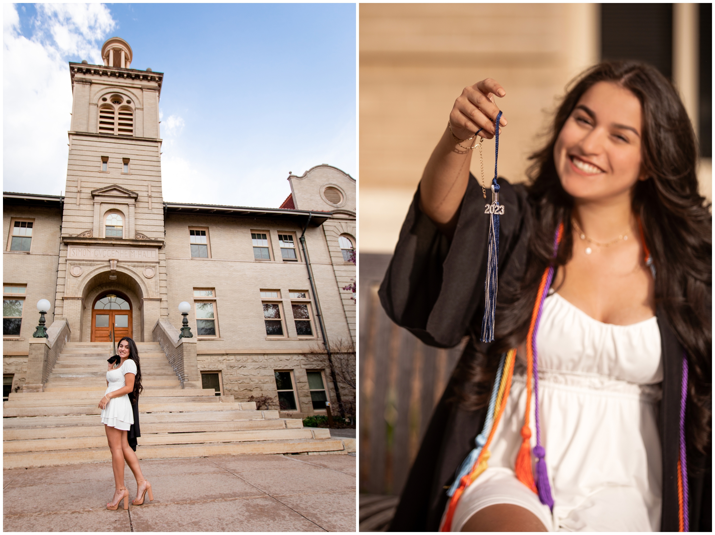 woman posing with graduation tassel during Colorado college senior pictures by Plum Pretty Photos 