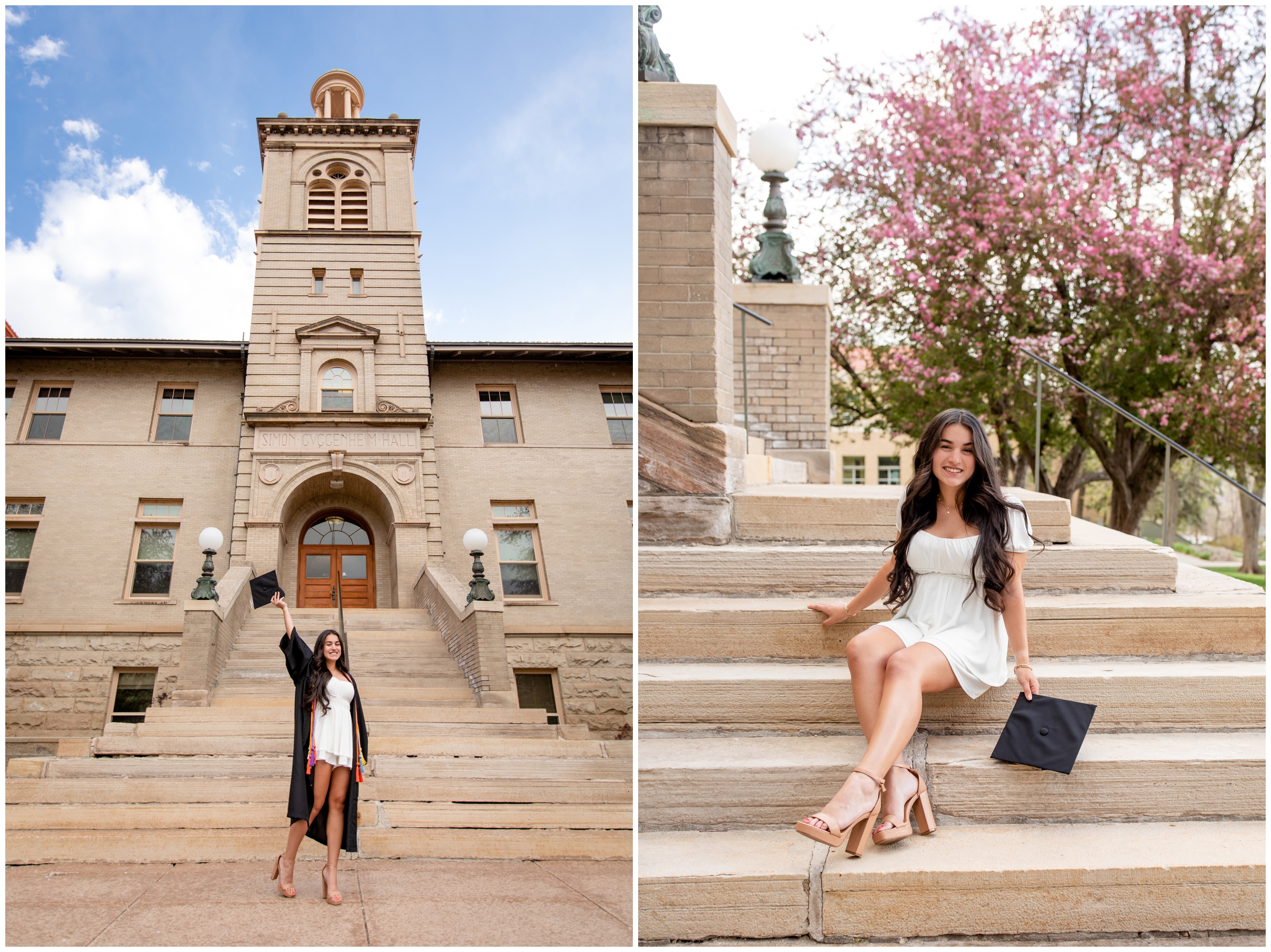 woman holding graduation cap above her head during college senior pictures at Colorado school of mines