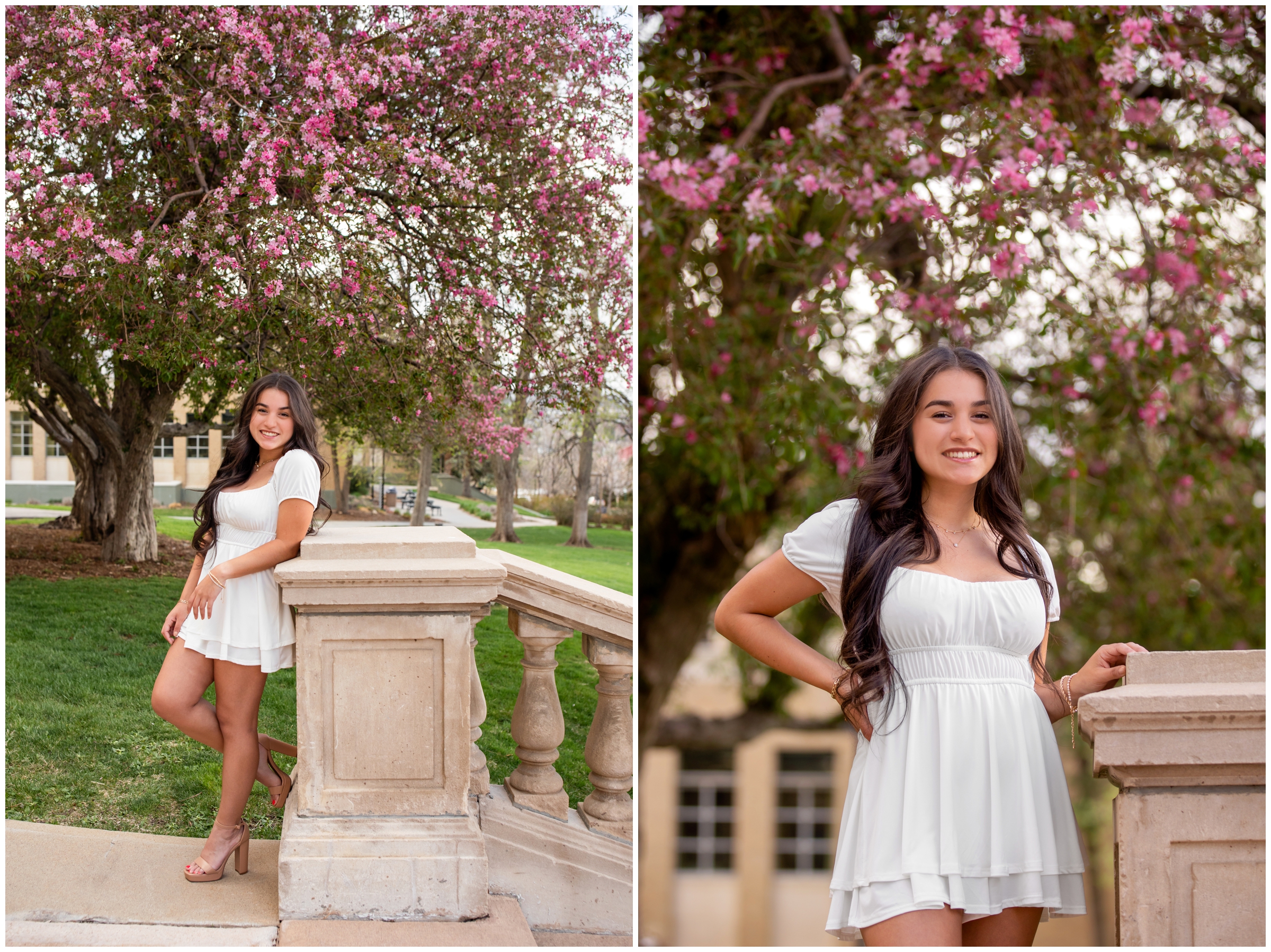 woman posing beneath spring flowering trees during college grad session at the school of mines