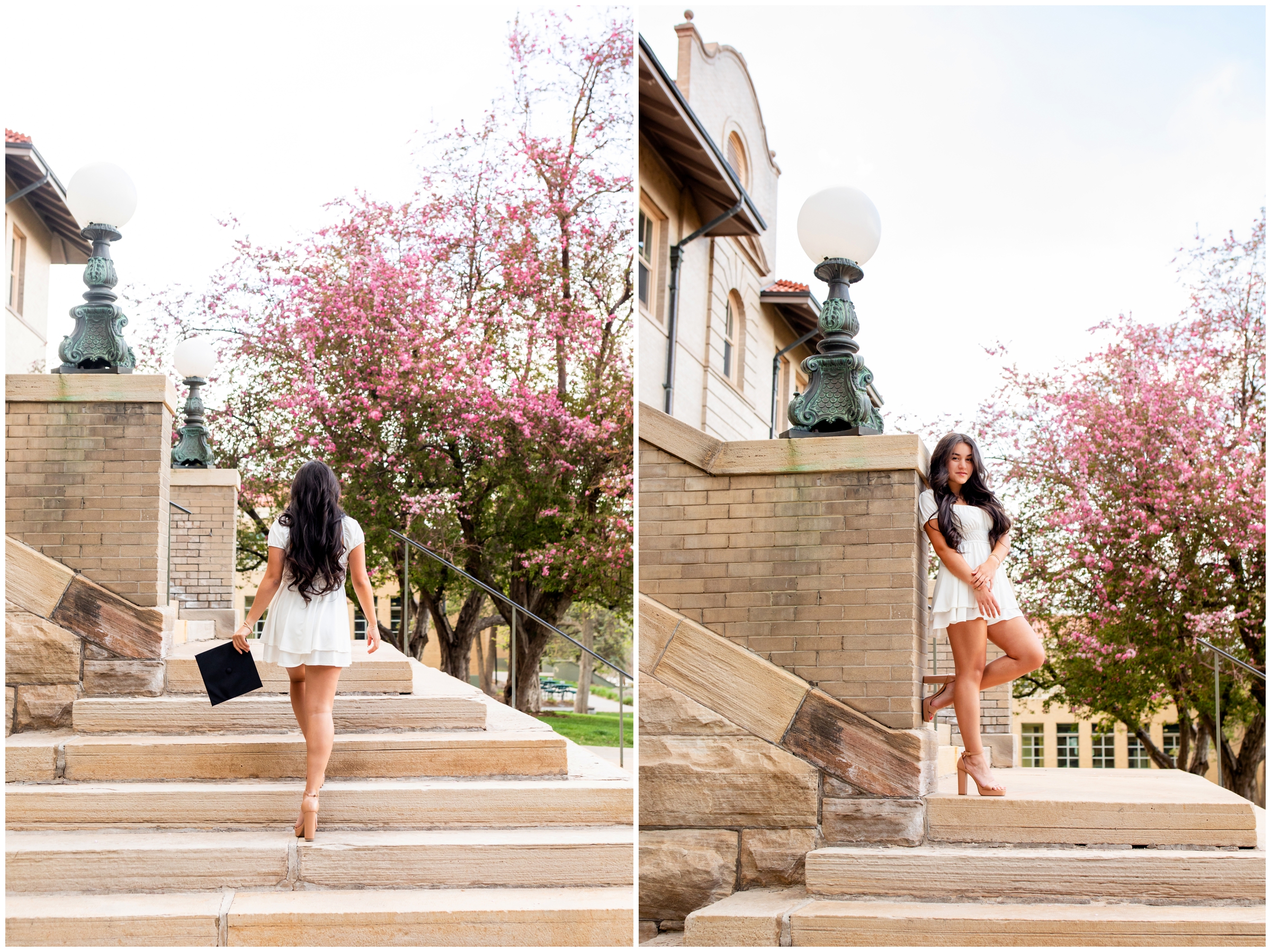 girl posing on stairs at Guggenheim Hall at the Colorado school of Mines during college senior pictures by Plum Pretty Photography 
