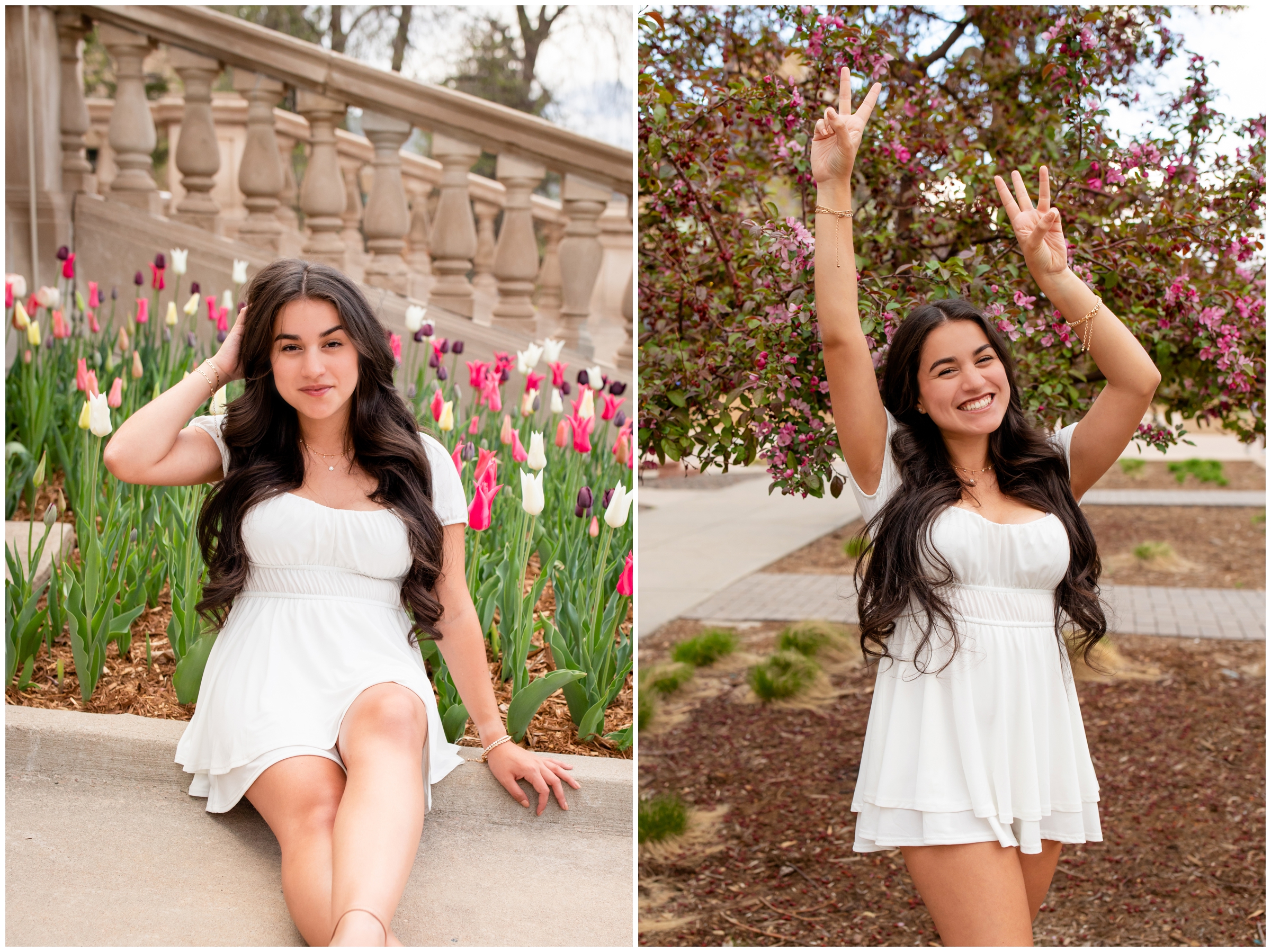 woman posing in front of tulips during spring senior pictures in Golden Colorado 