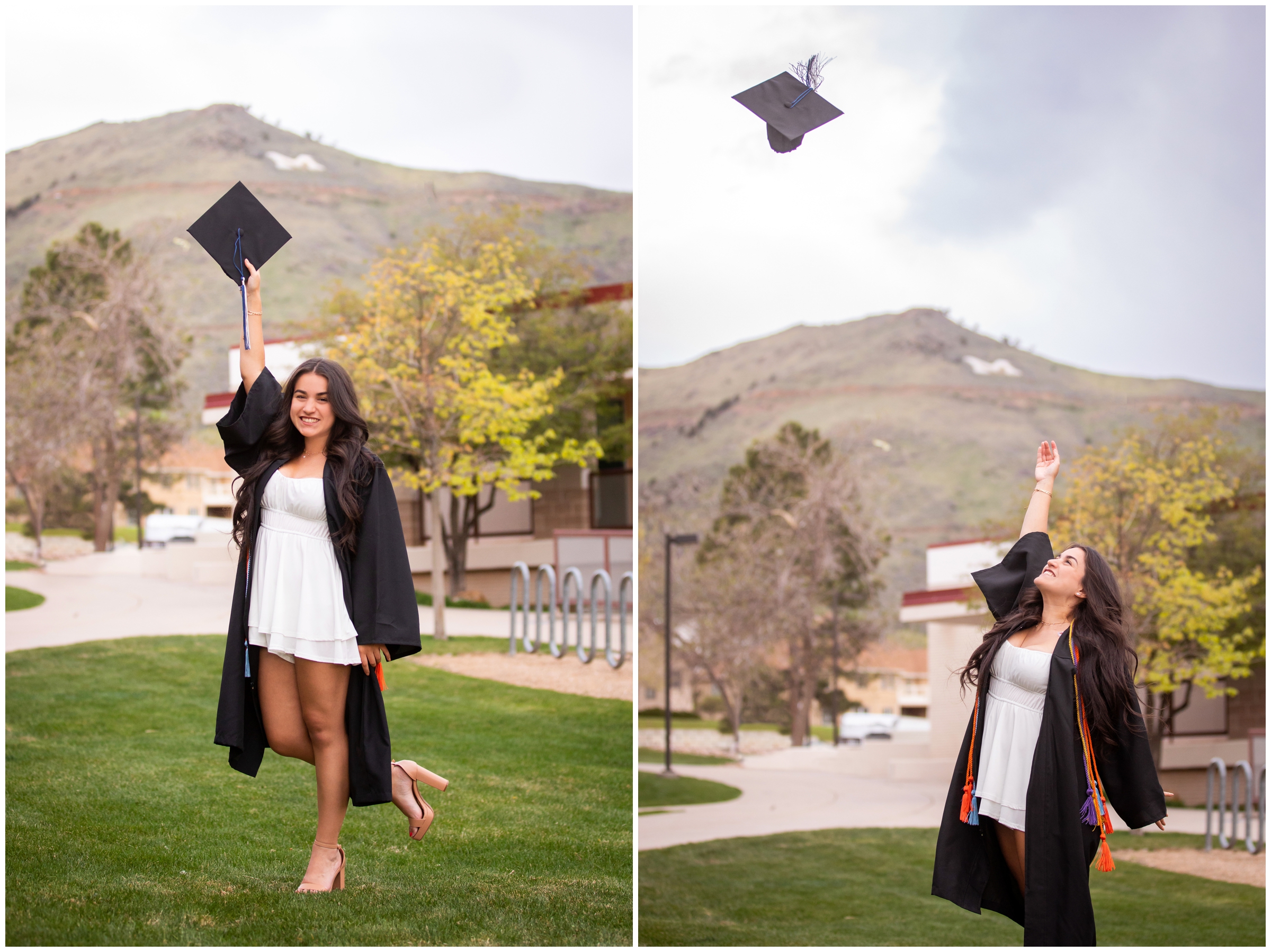woman throwing graduation cap into the air during college graduation photography session at the Colorado school of Mines