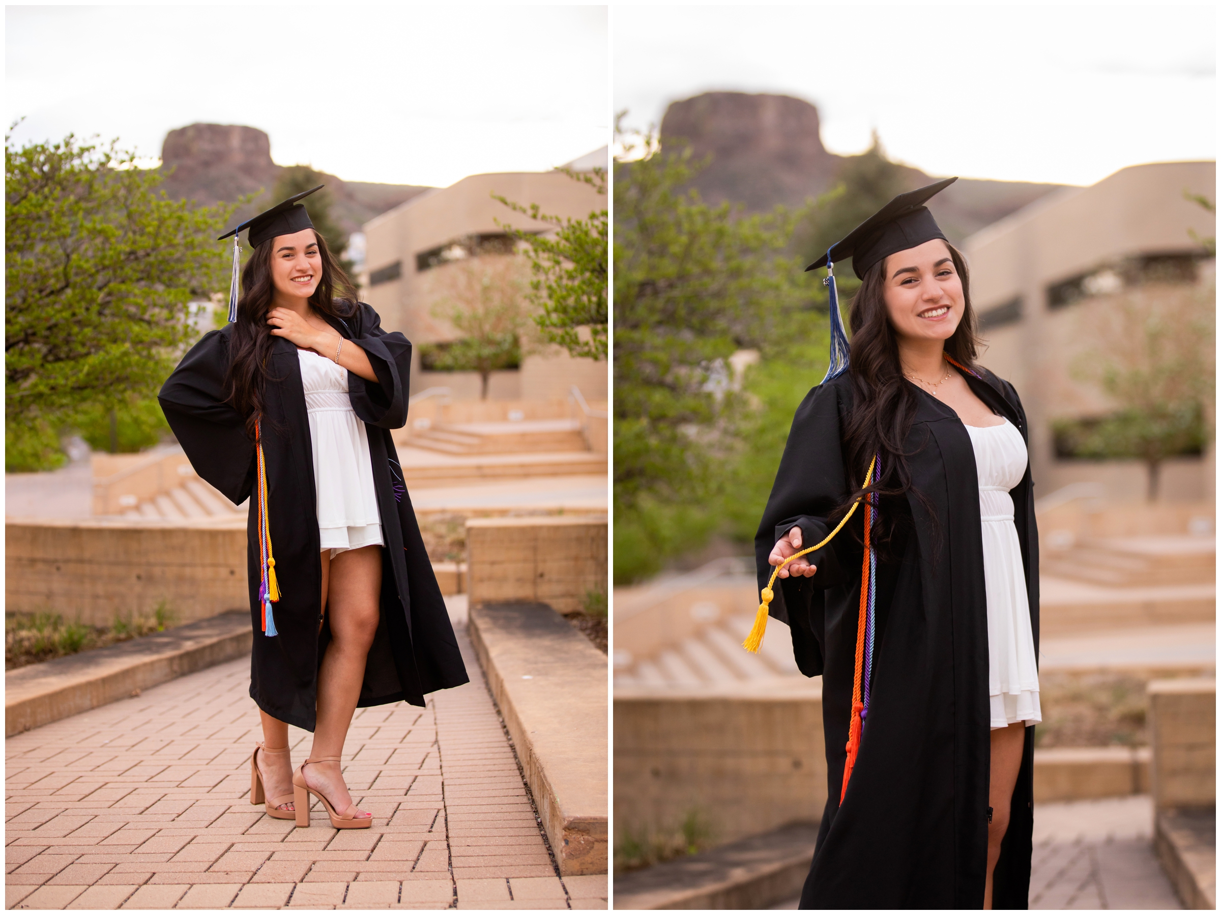 college graduate posing in front of mountains at Colorado school of mines during college cap and gown photography session 