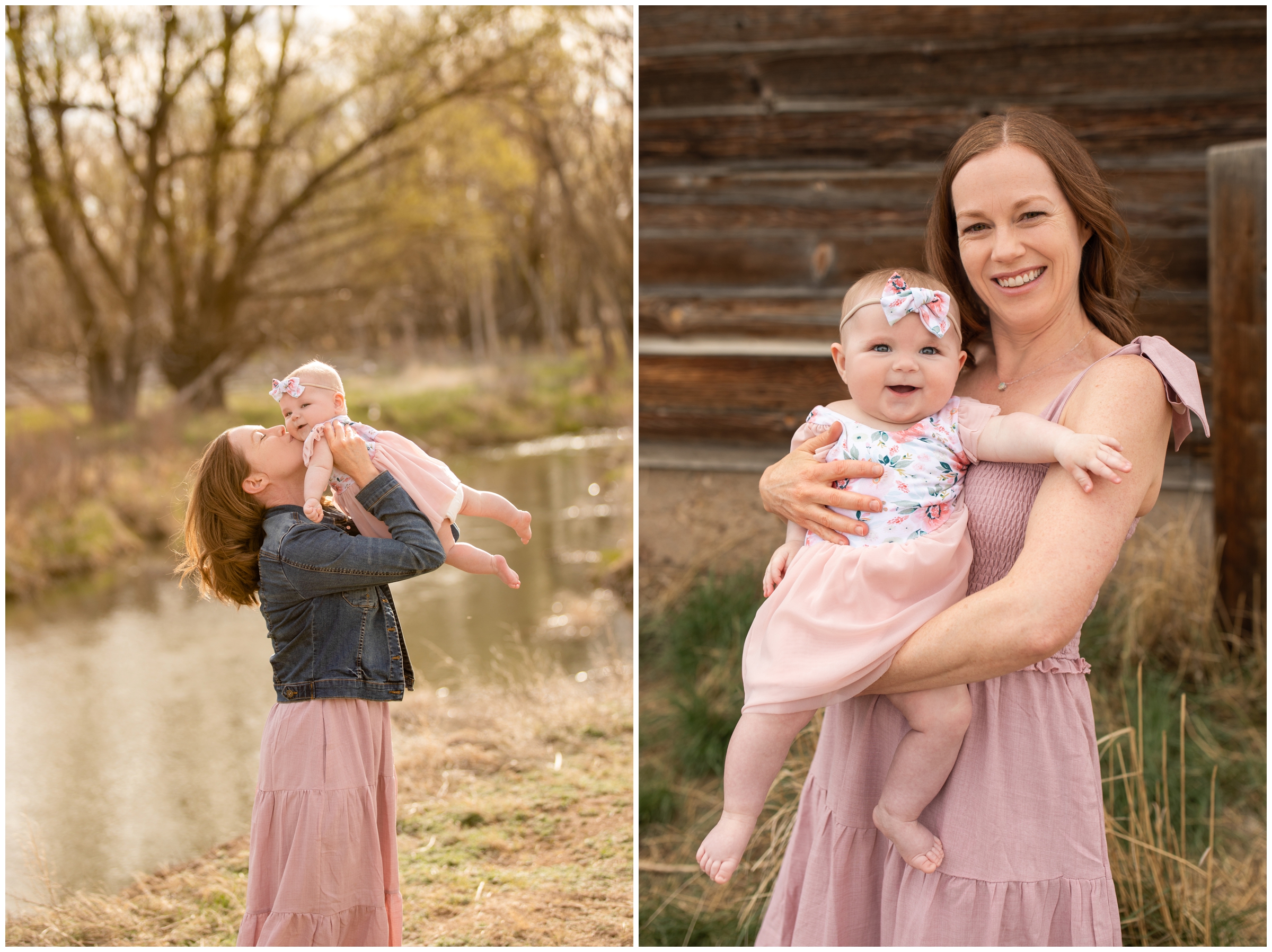 mom lifting baby daughter in the air during Longmont Colorado family portraits at Sandstone Ranch during spring 