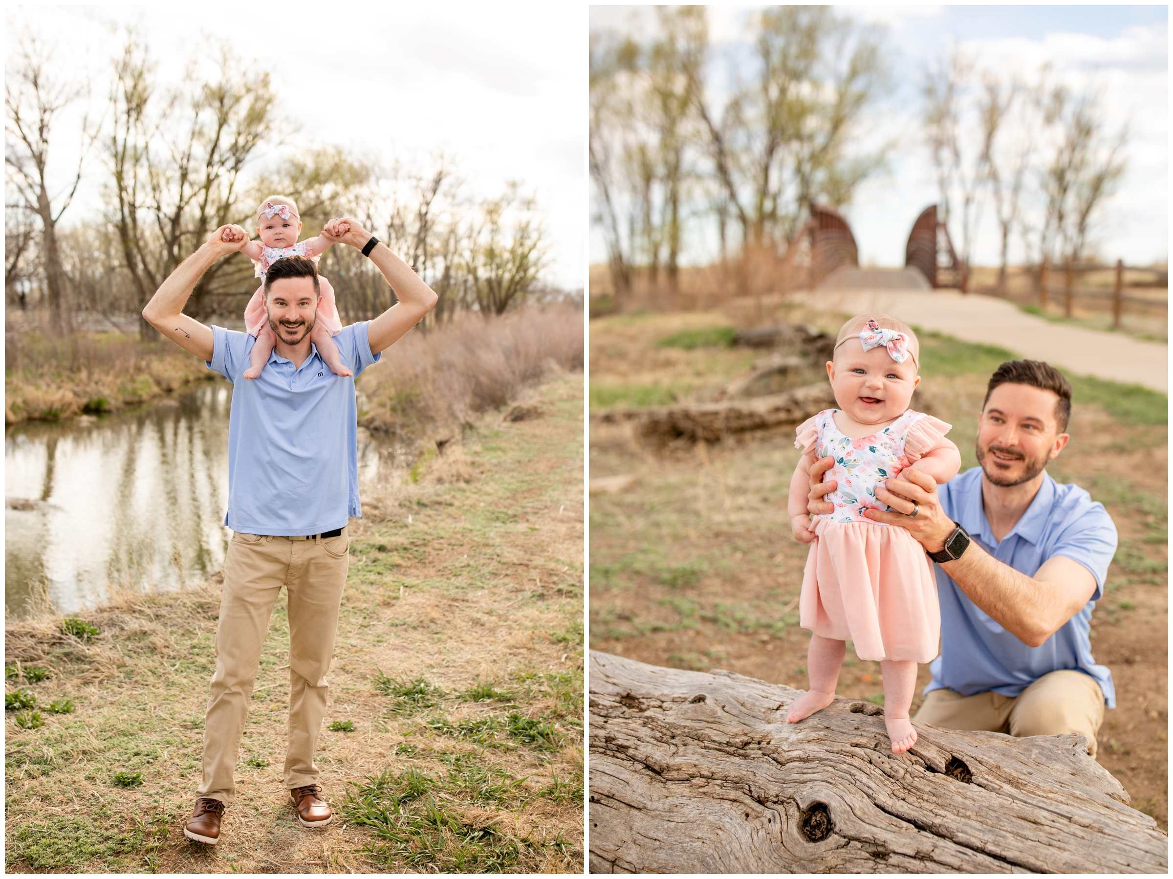 dad holding baby daughter during Longmont Colorado family photos at Sandstone Ranch