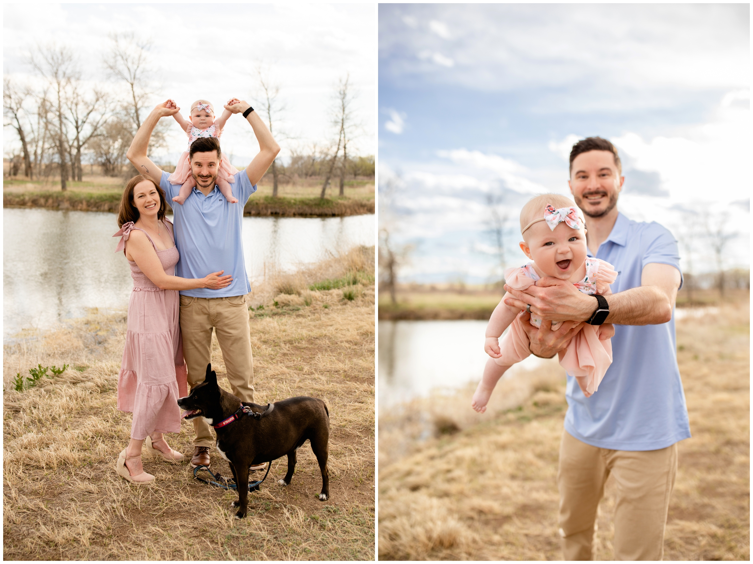 dad swinging daughter in the air during candid family pictures in Longmont Colorado 