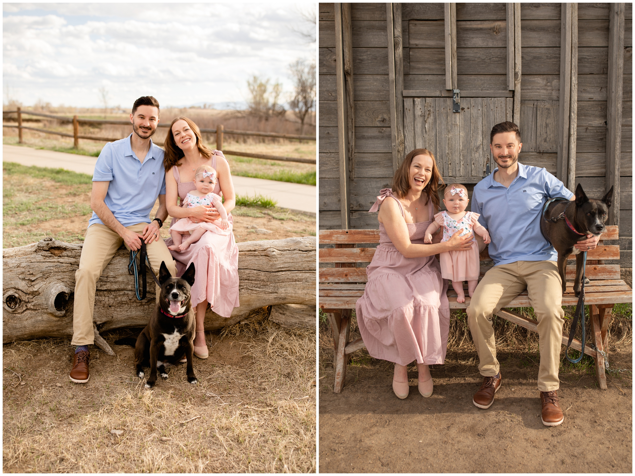 family posing in front of wooden barn during rustic family pictures in Longmont Colorado