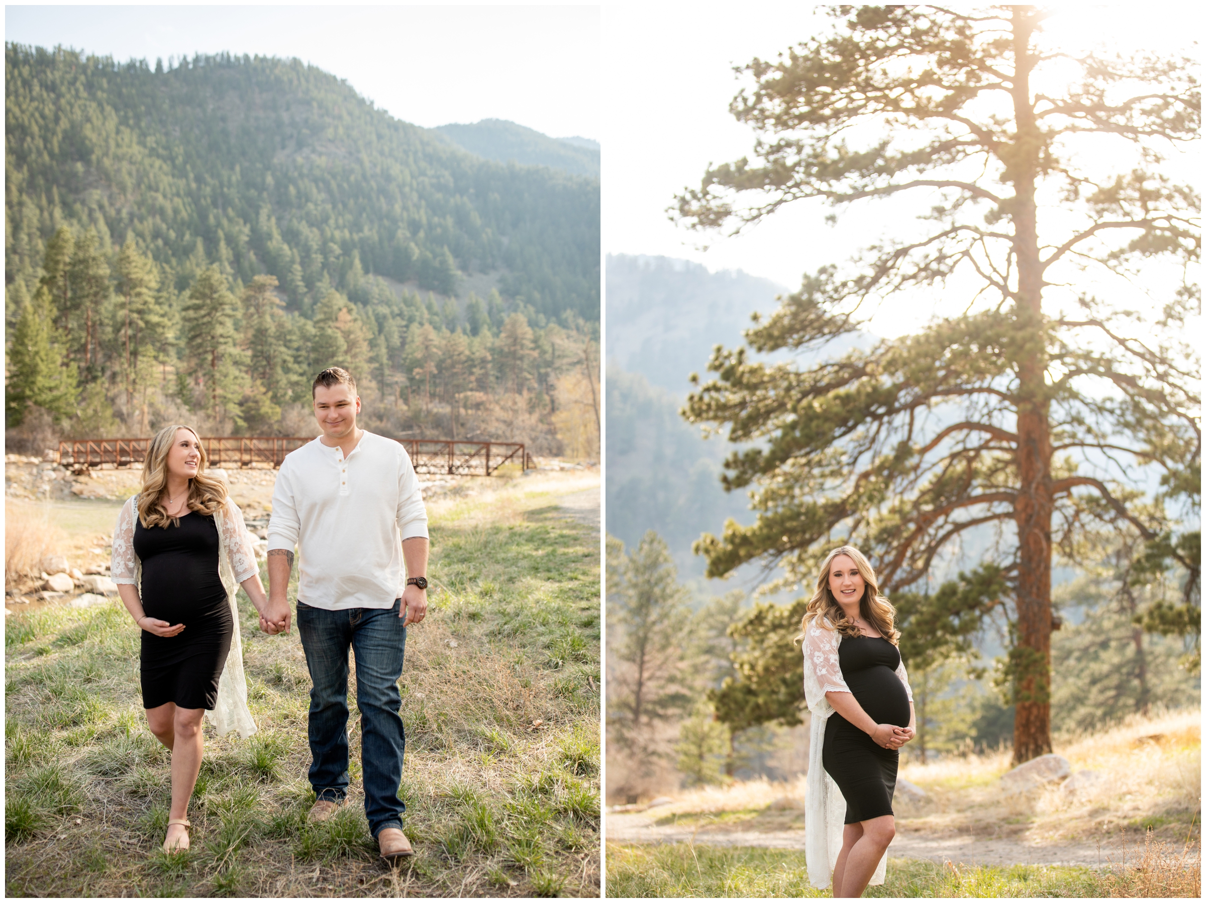 couple walking with mountains in background during Loveland maternity photos at Viestenz-Smith Park by Colorado portrait photographer Plum Pretty Photography