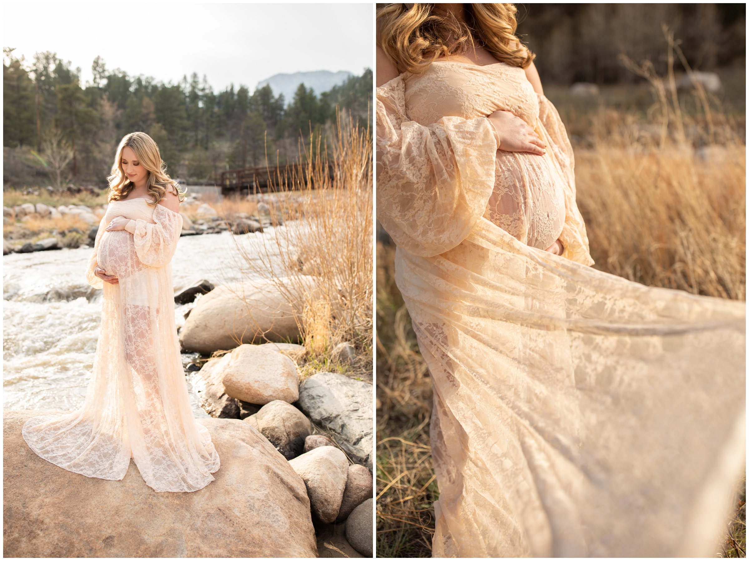 woman posing along river during pregnancy portraits at the Viestenz-Smith mountain park in Northern Colorado 