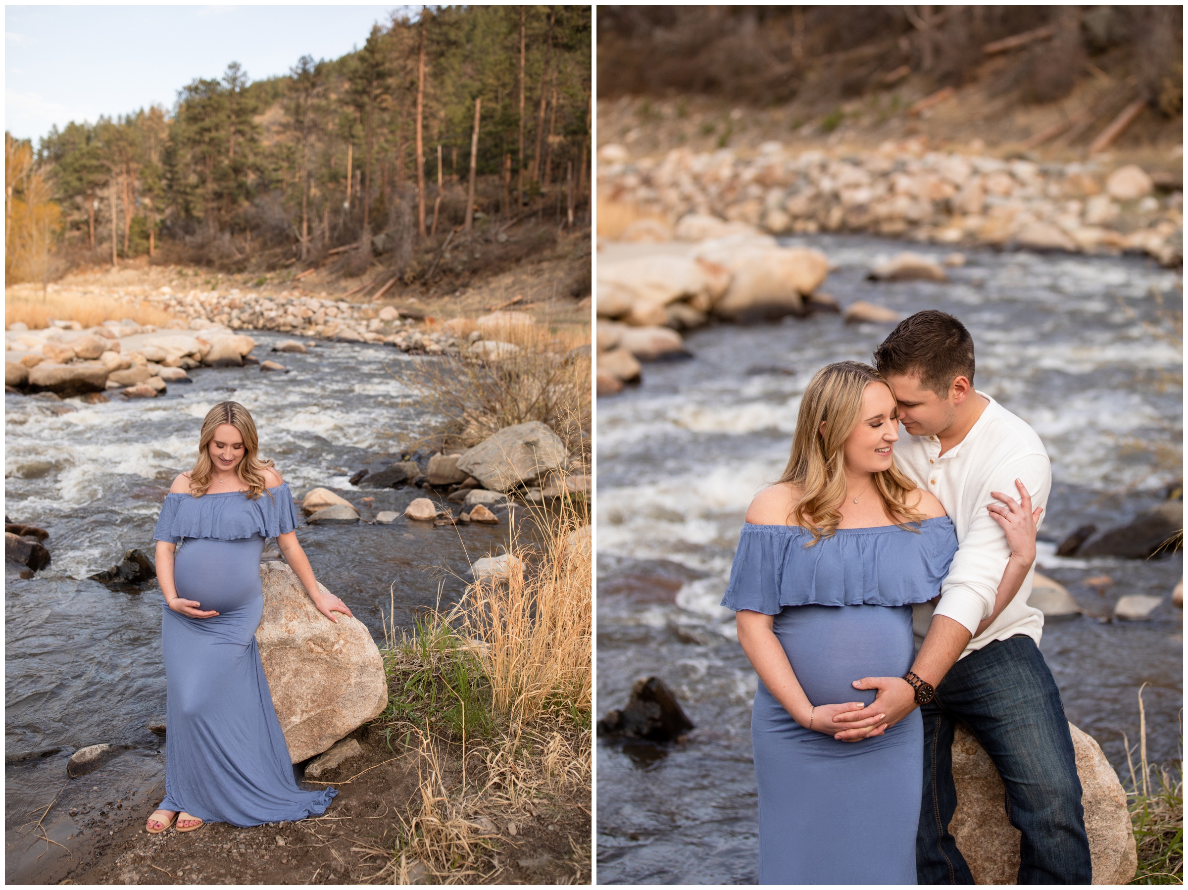 couple posing along Big Thompson River during mountain maternity pictures in Loveland Colorado 