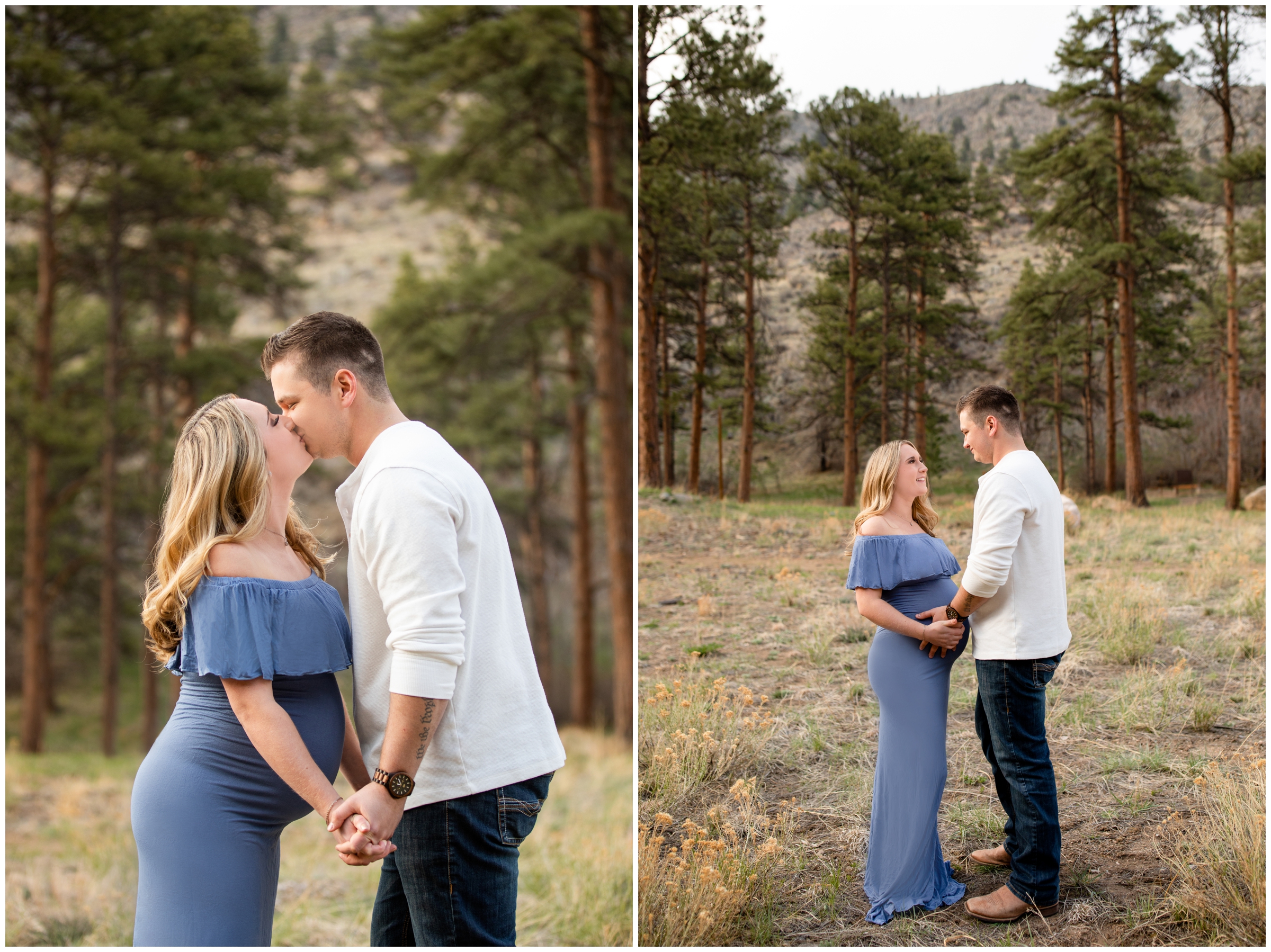 couple kissing in the forest during Colorado mountain maternity pictures near Loveland 
