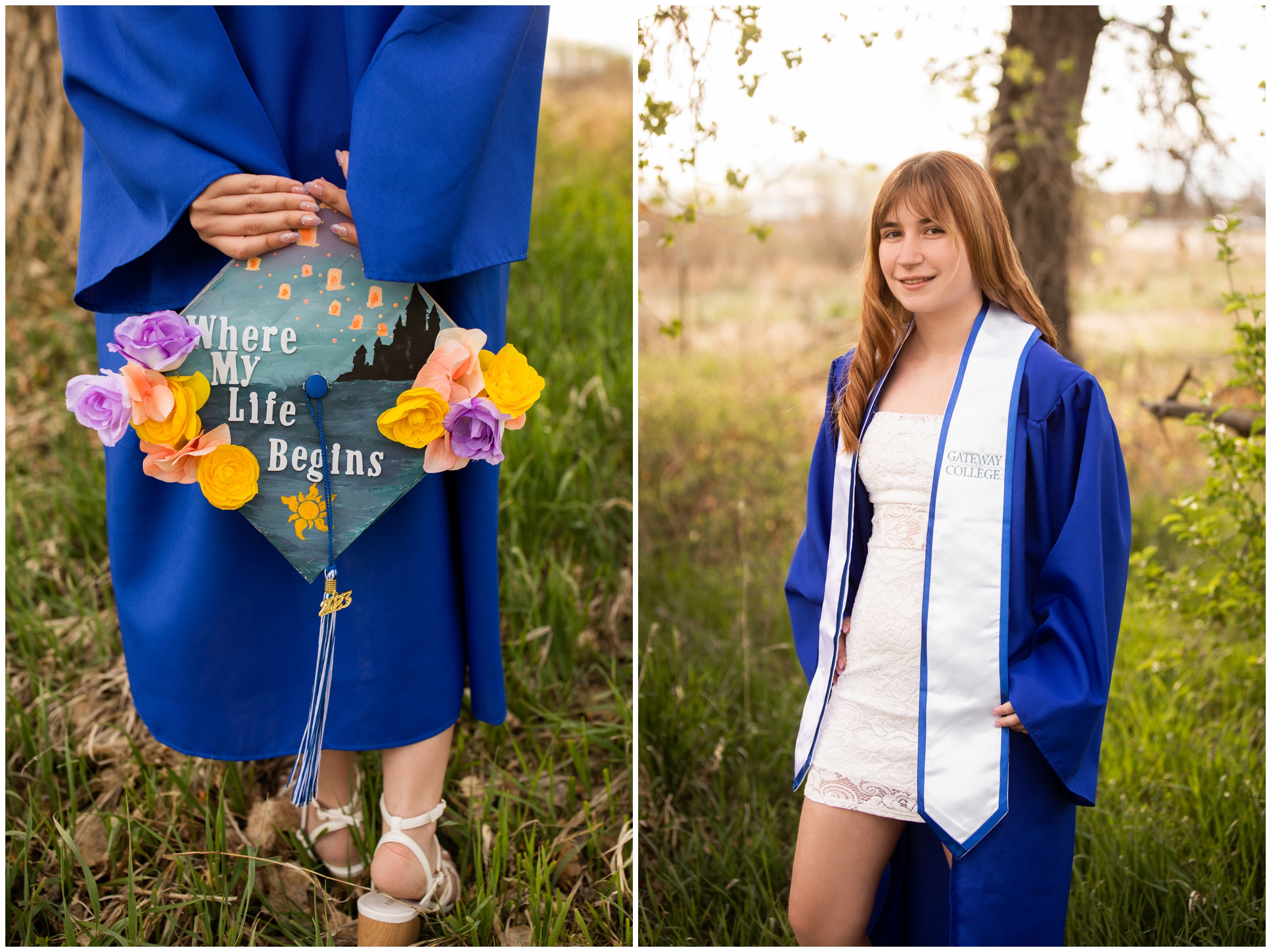 teen holding her personalized graduation cap during Westminster senior portraits at McKay Lake