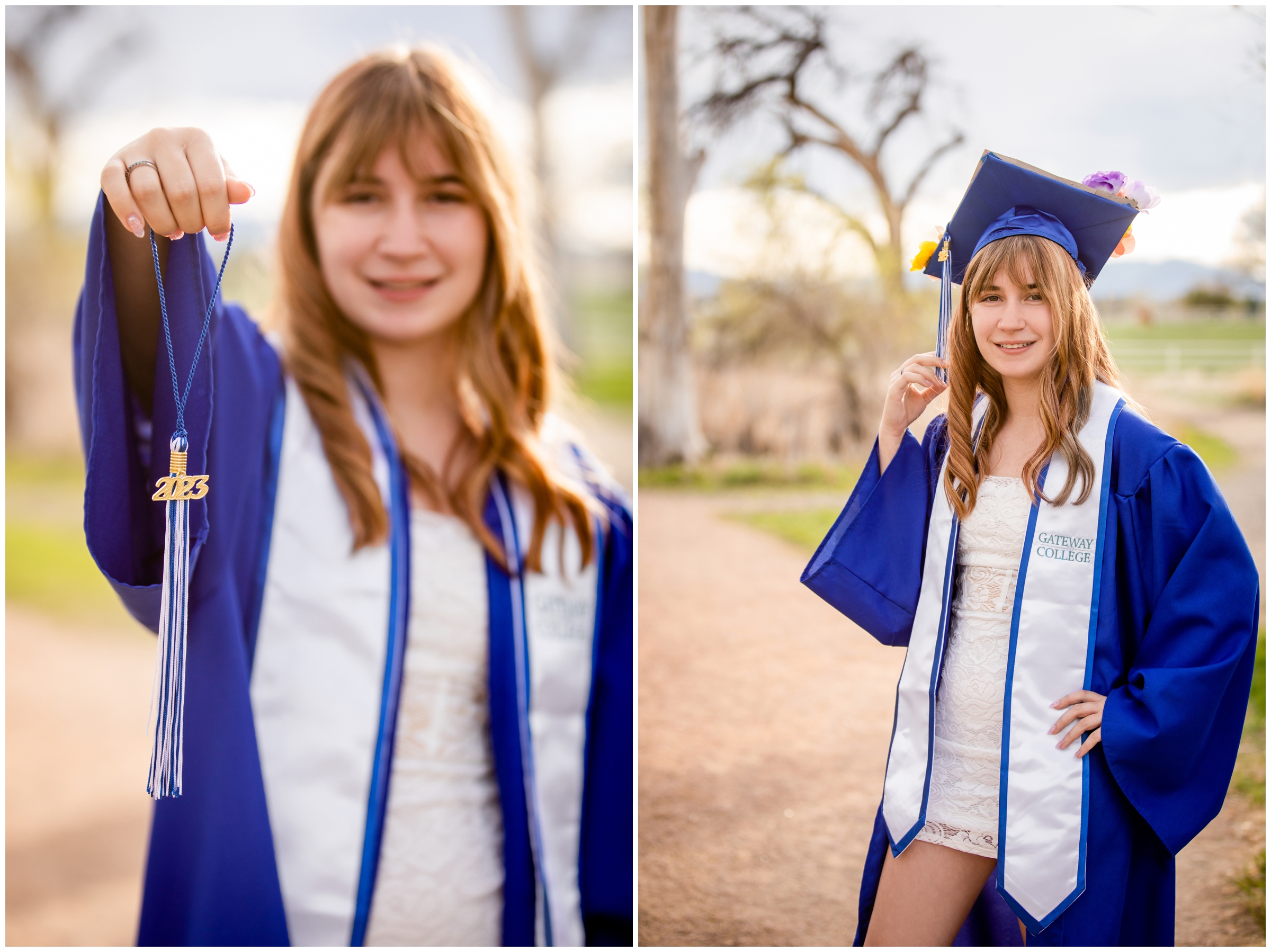 teen holding graduation tassel during Colorado cap and gown portraits in Westminster Colorado 