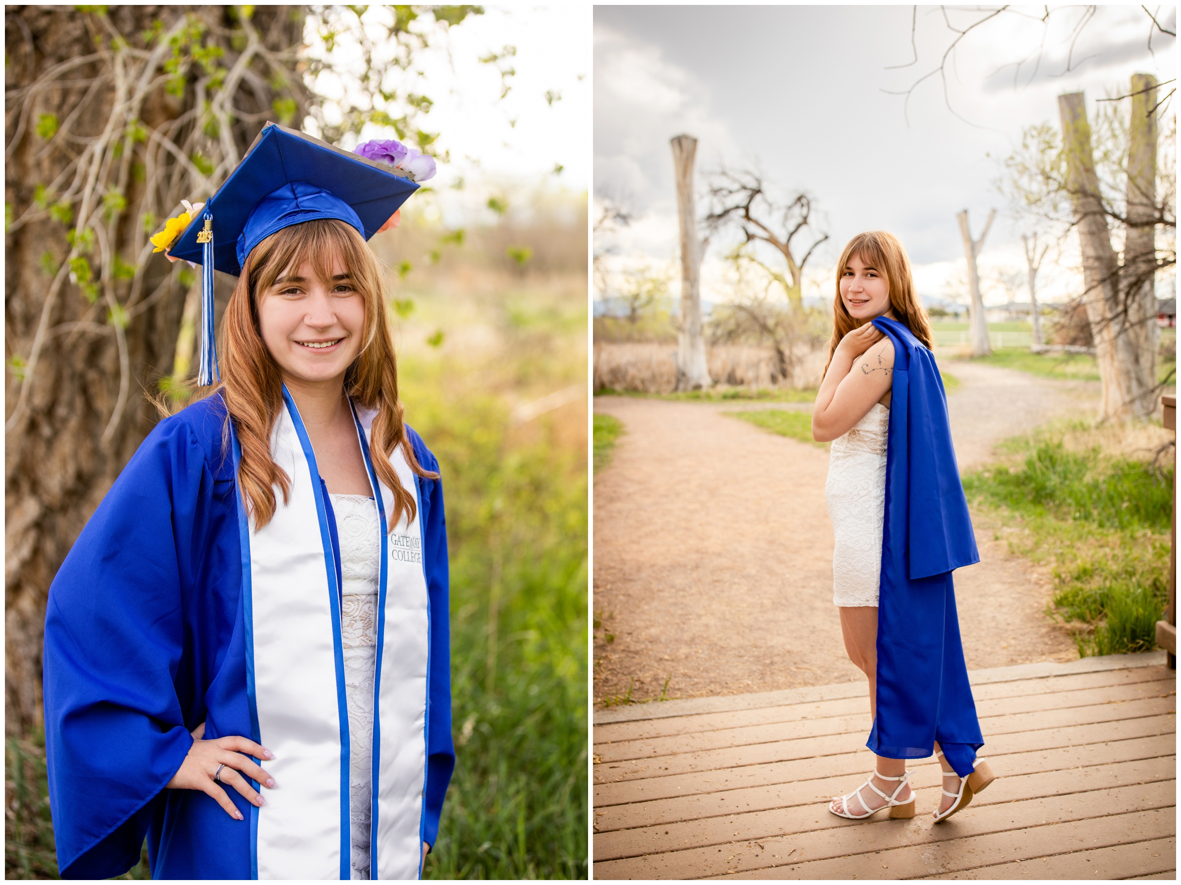 cap and gown graduation session at Mckay lake in northern Colorado 