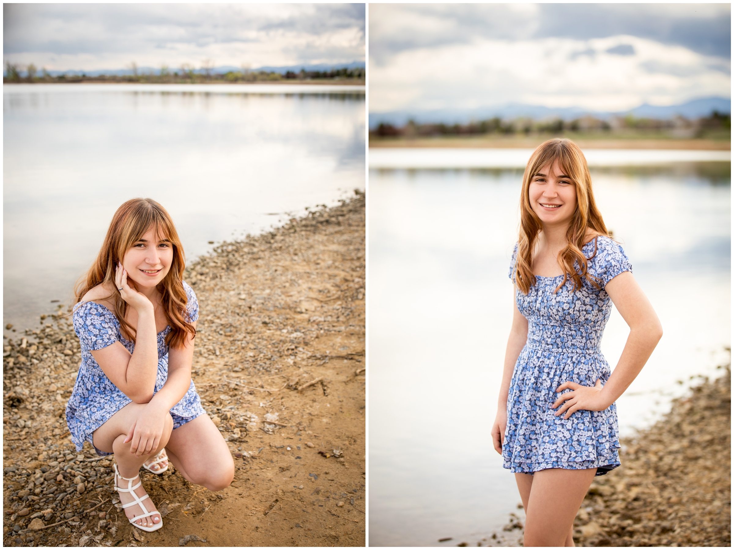 teen posing in front of McKay Lake during Westminster Colorado senior portraits during spring 